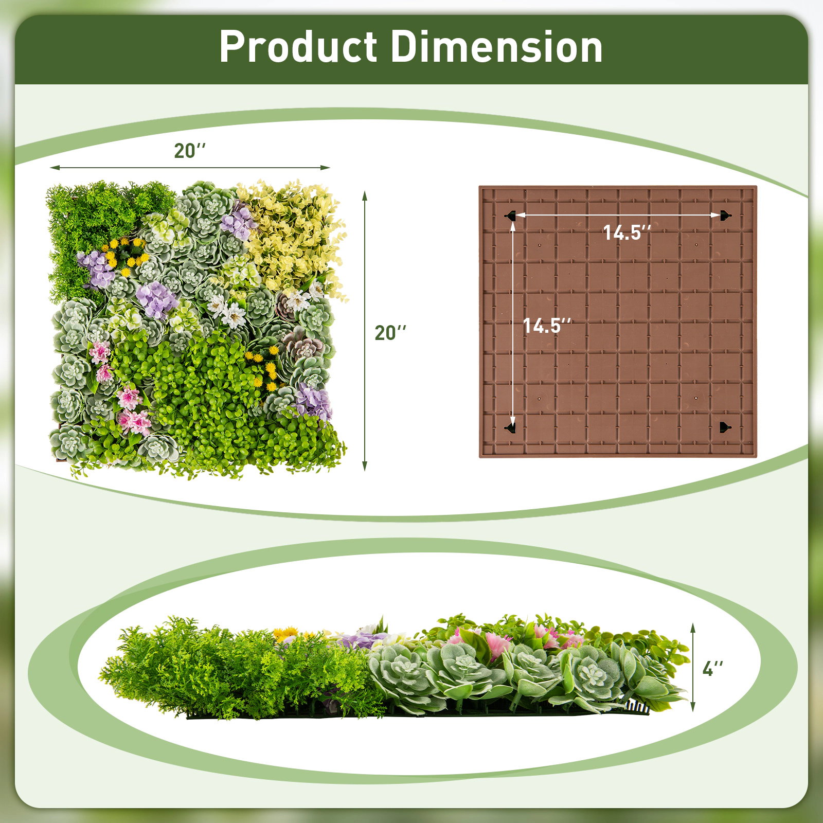 SUGIFT 3D Hanging Succulent Wall Panel 20 x 20 in with 10 Mixed Faux Plants PE Green and Brown for Balcony Home