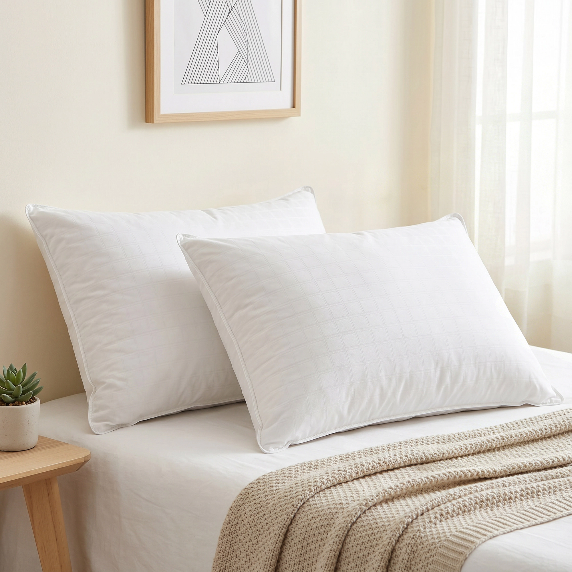 Unikome Set of 2 300 Thread Count Goose Feather Pillows – 100% Cotton Shell, Gusseted Bed Pillows
