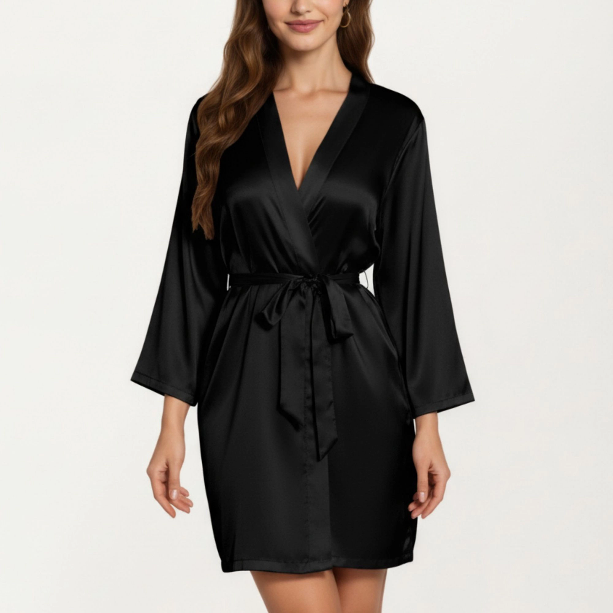 Anna-Kaci Women's Satin Short Robe with Wrap Front Design and Adjustable Tie Waist Smooth Lightweight Silky Fabric
