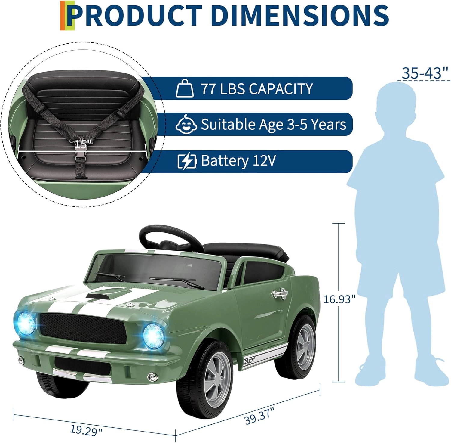 12V Licensed Shelby GT350 Ride On Car, Ford Kids Electric Vehicle with Remote Control, Safety Belt,2 Speeds,LED & Music