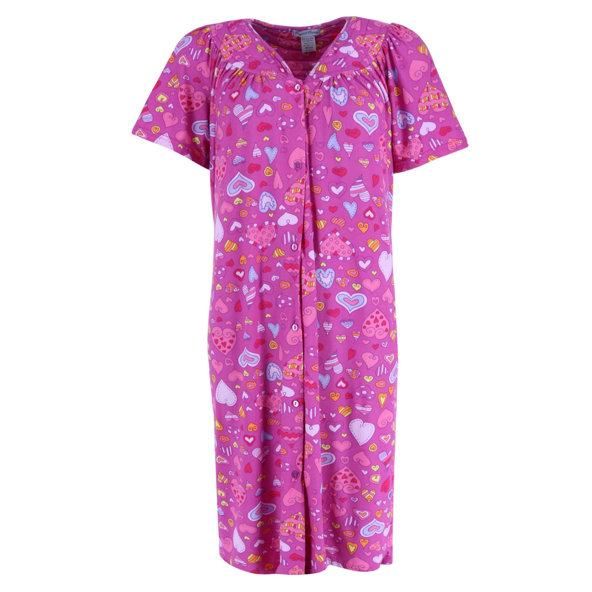 Elegant Emily Women's Pink Hearts Short Sleeve Button Down Duster