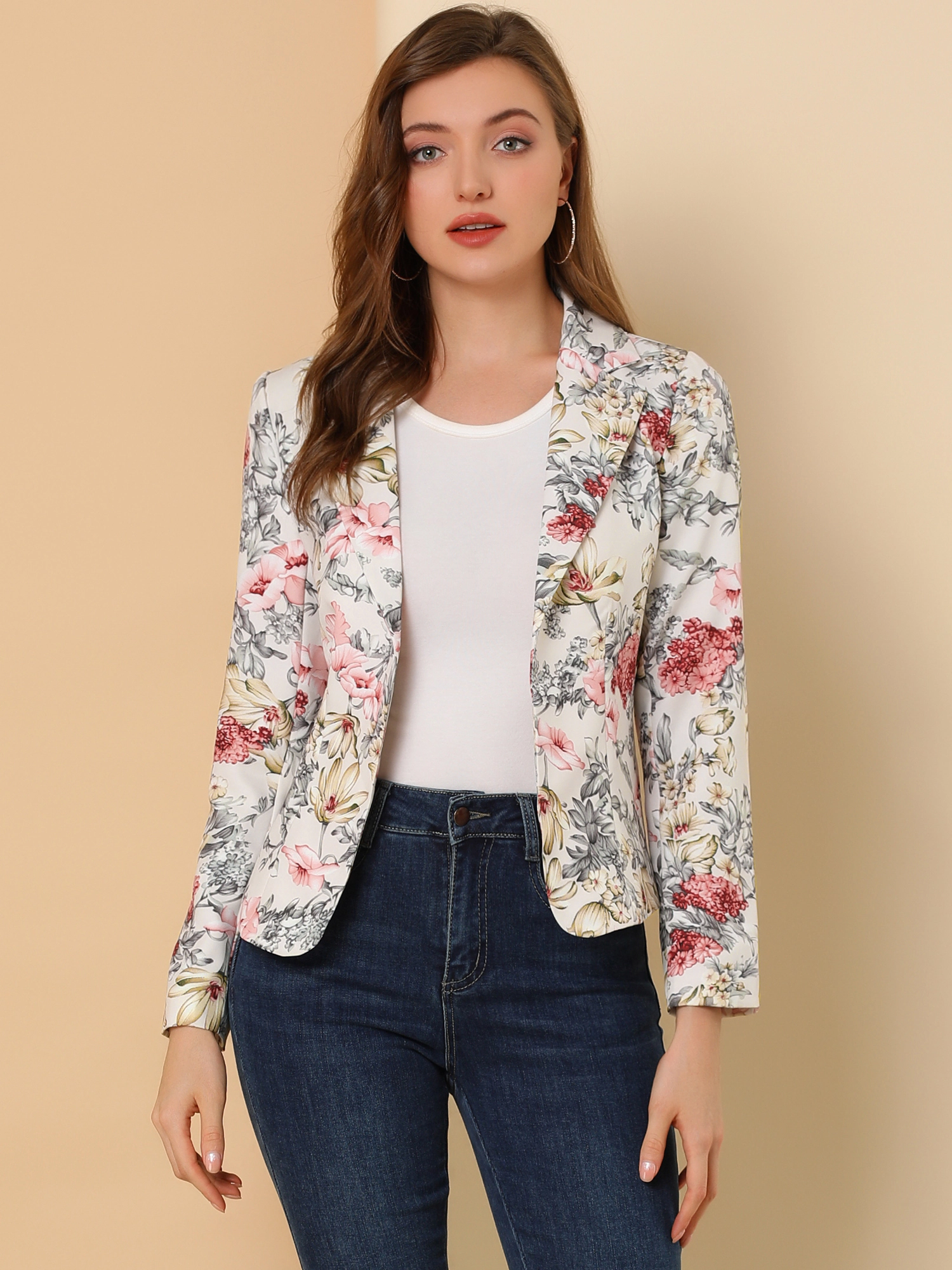 INSPIRE CHIC Women's Notched Lapel Open Front Print Business Casual Blazer