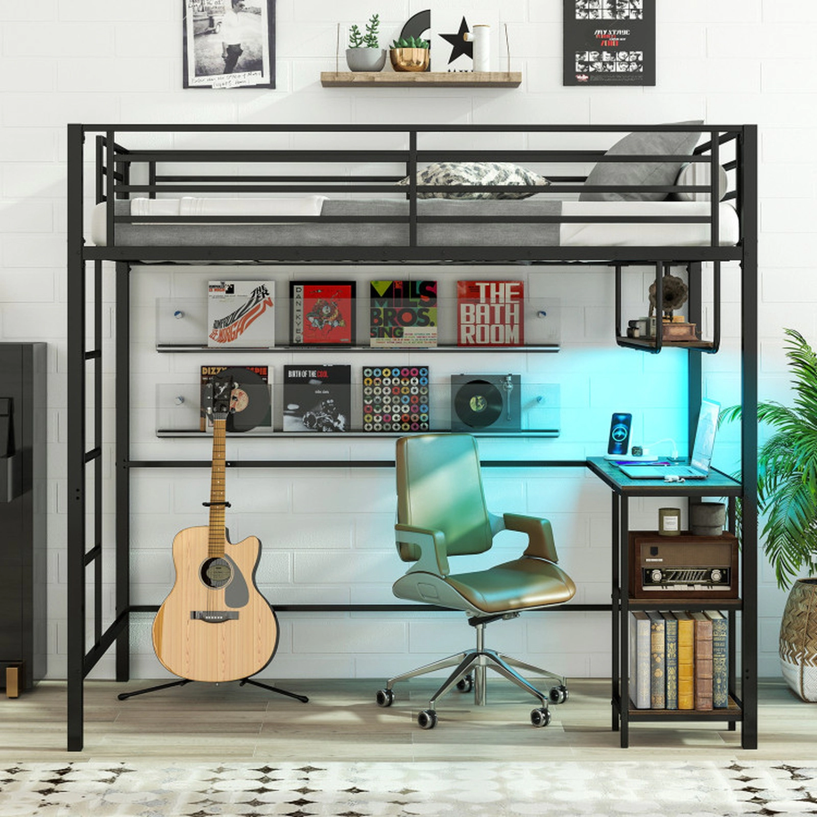 SUGIFT Black Desk LED Lights Charging Station and Metal Frame Twin Teens Loft Bed