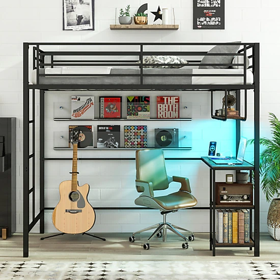 SUGIFT Black Desk LED Lights Charging Station and Metal Frame Twin Teens Loft Bed