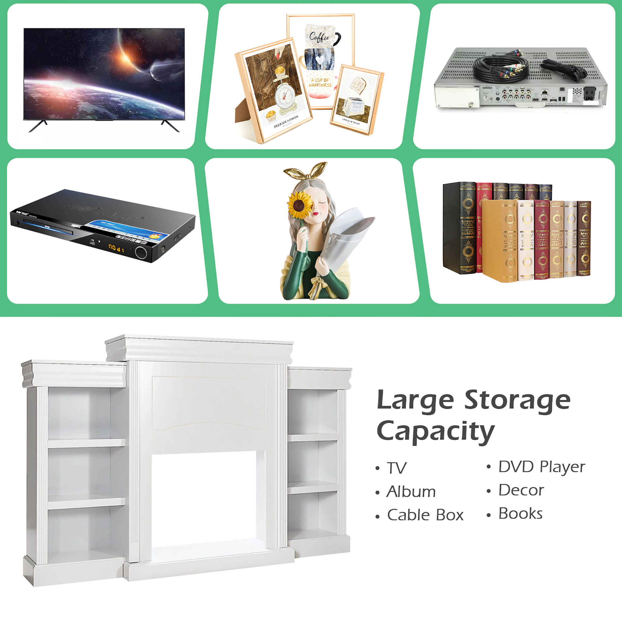 Costway 70'' Fireplace TV Stand Modern Media Entertainment Center Bookcase Black