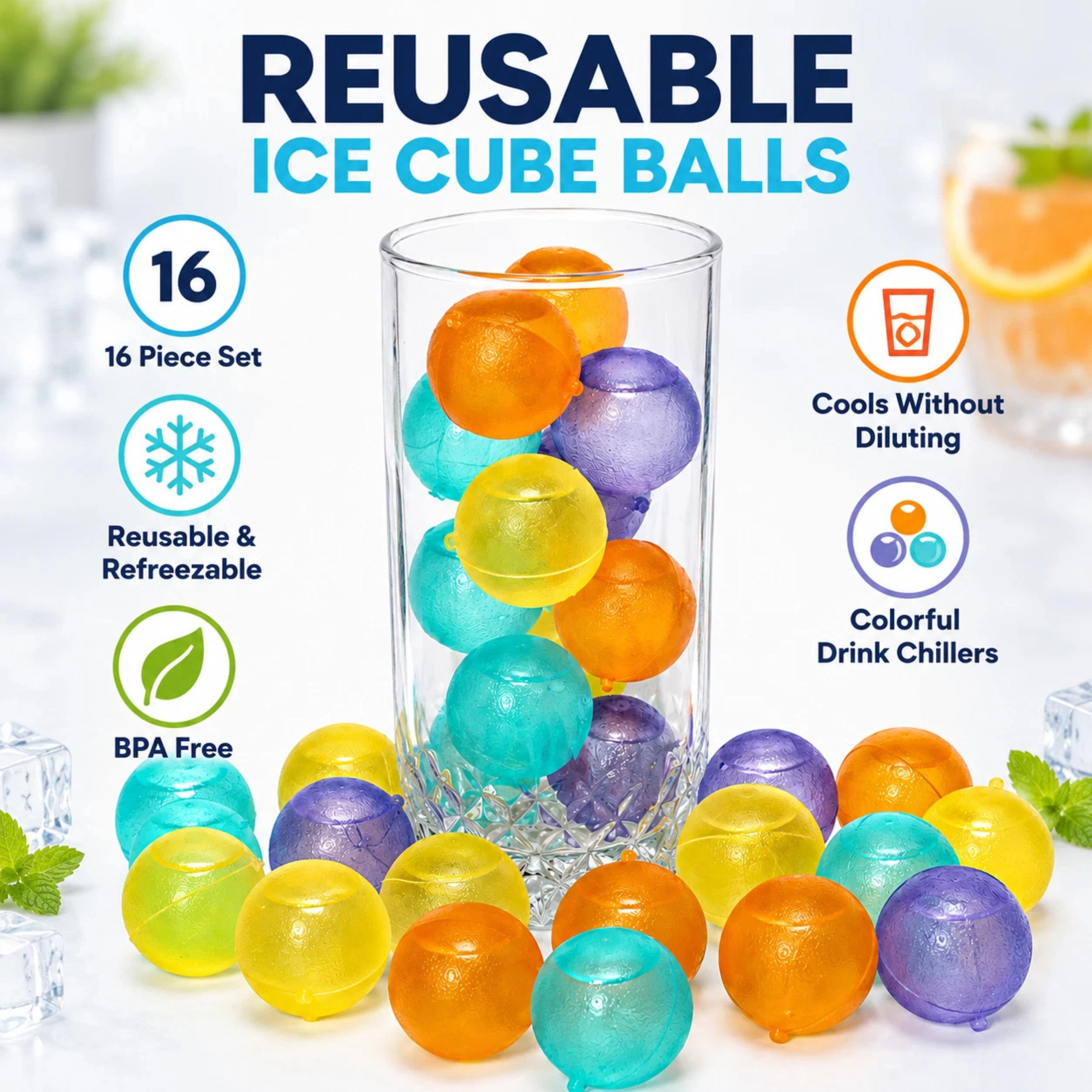 Home Collection 16-Piece Reusable Ice Cube Balls BPA-Free Non-Diluting Drink Chillers