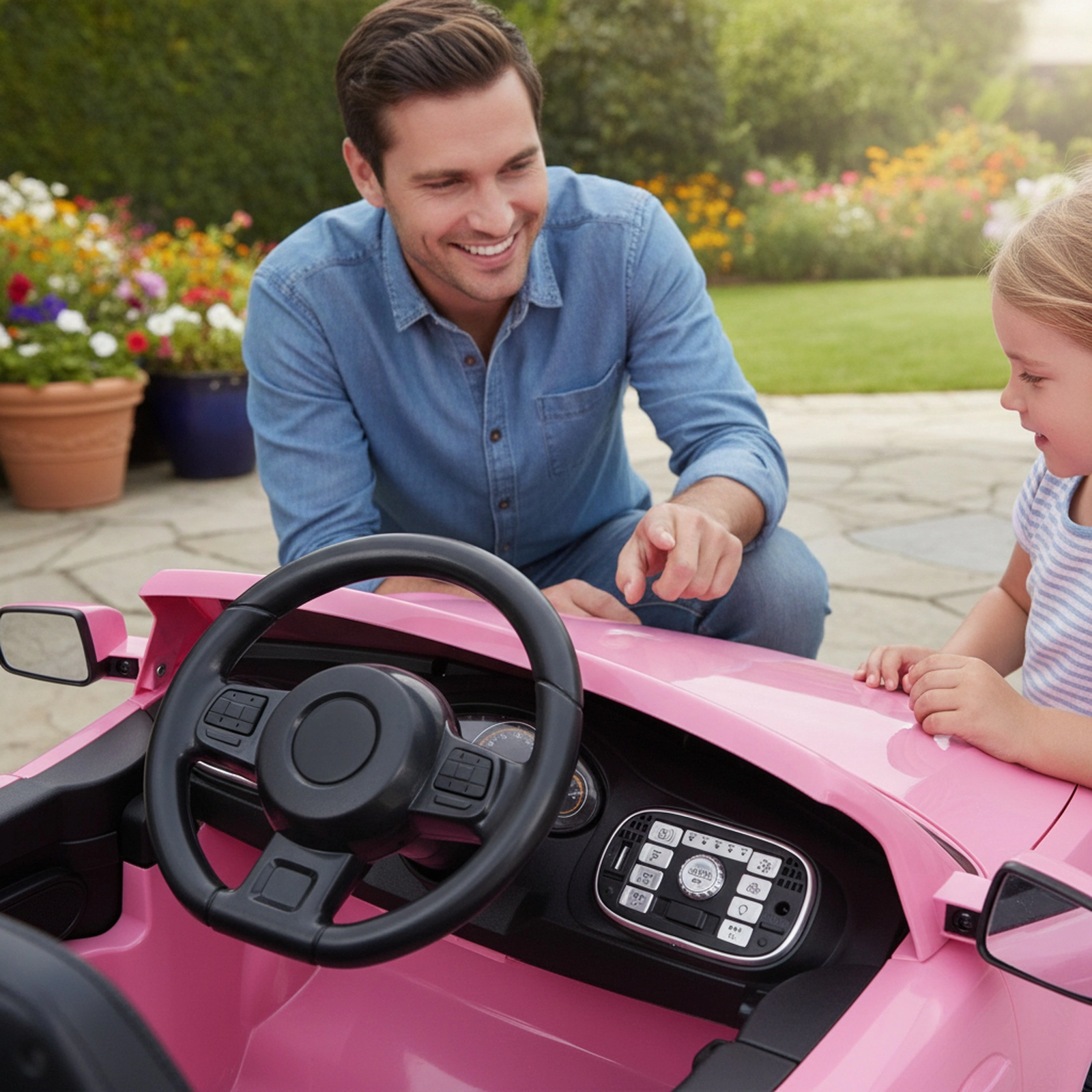 12V Kids Ride On Car Locking Doors Illuminated Dashboard Parent Remote 37.5-in Ages 3-8 66-lb Capacity Pink