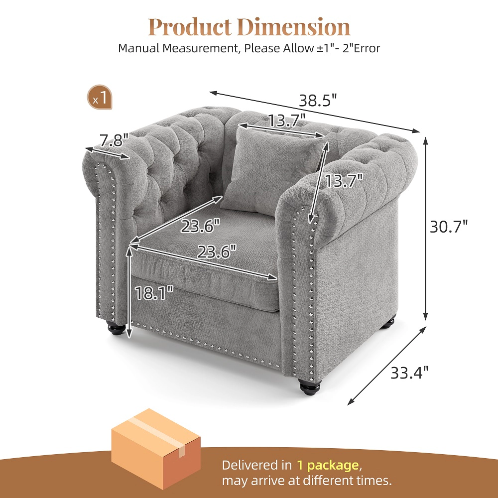 RENDGO Chesterfield Tufted Sofa with Rolled Arms Chenille Deep Seat Sofas Chair for Living Room Apartment Office