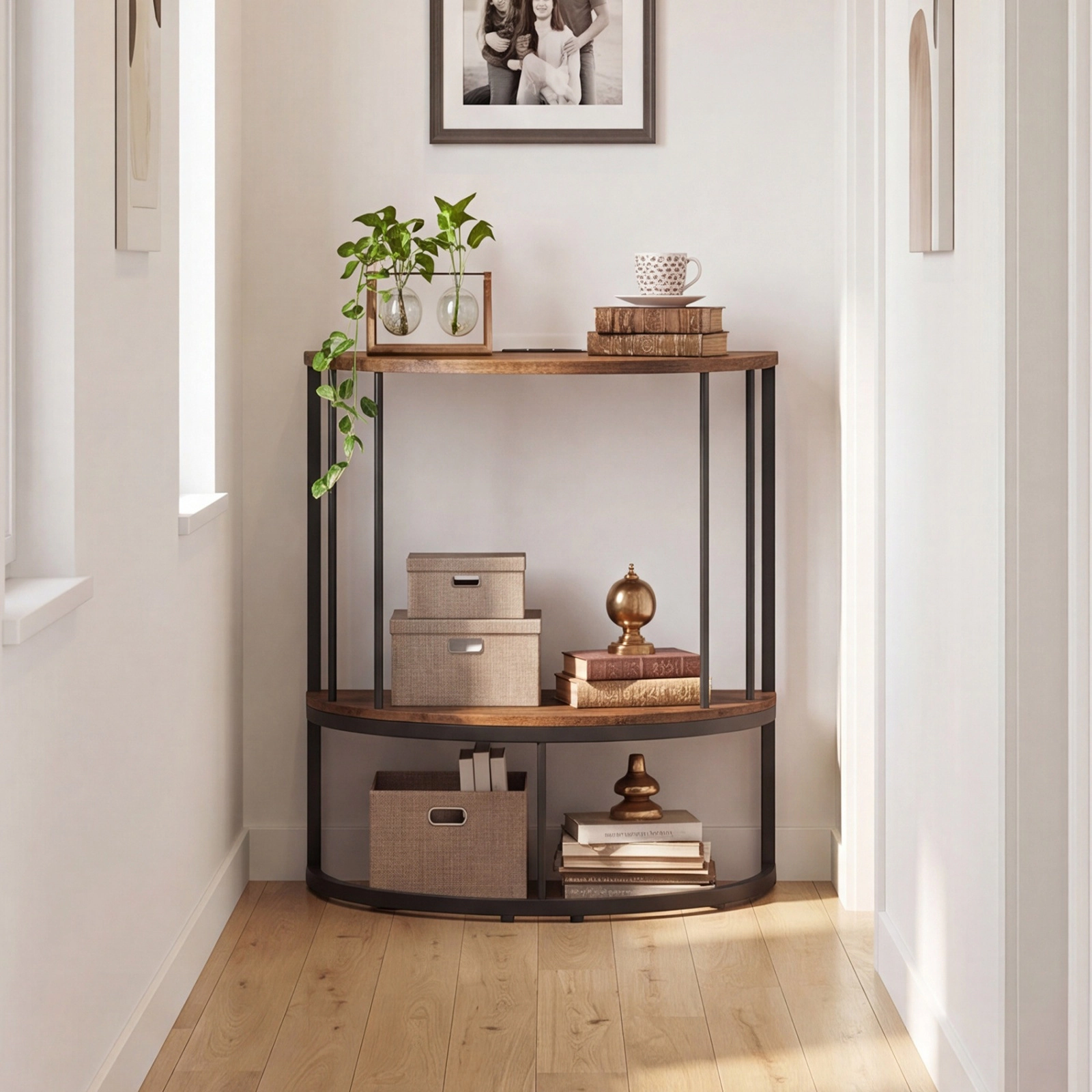SUGIFT Half Moon Engineered Wood Metal Frame Charging Storage Console Table In Rustic Brown