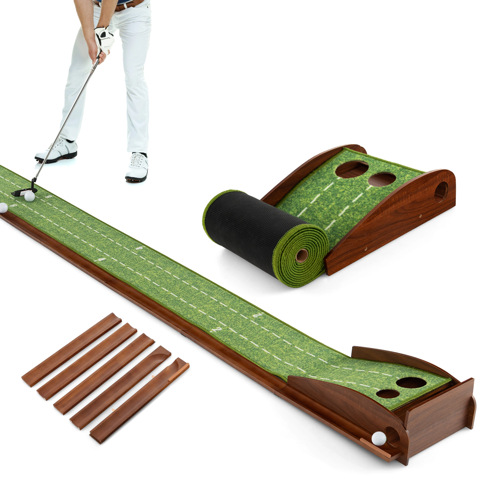 SUGIFT 10-ft Golf Putting Mat Practice Training Aid Auto Ball Return, 2 Hole Sizes, Scale Marks, Anti-Skid Base Brown +
