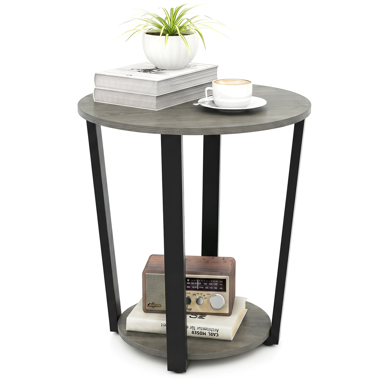 Glintex Round 2-Tier End Table with Detachable Tray Shelf and Melamine Top, Oak