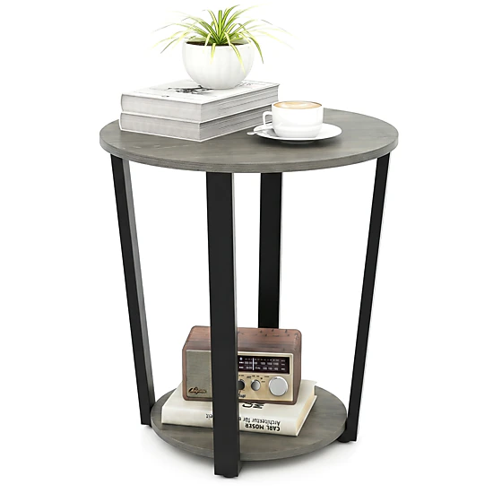 Glintex Round 2-Tier End Table with Detachable Tray Shelf and Melamine Top, Oak