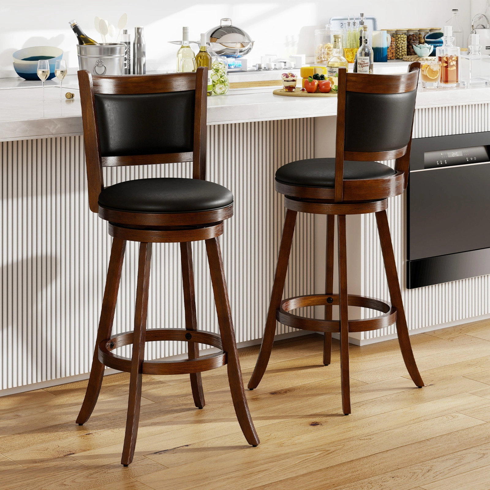 SUGIFT Set of 2 29-Inch Swivel Bar Stools, Rubber Wood Frame, Cushioned PVC Seat, Panel Back