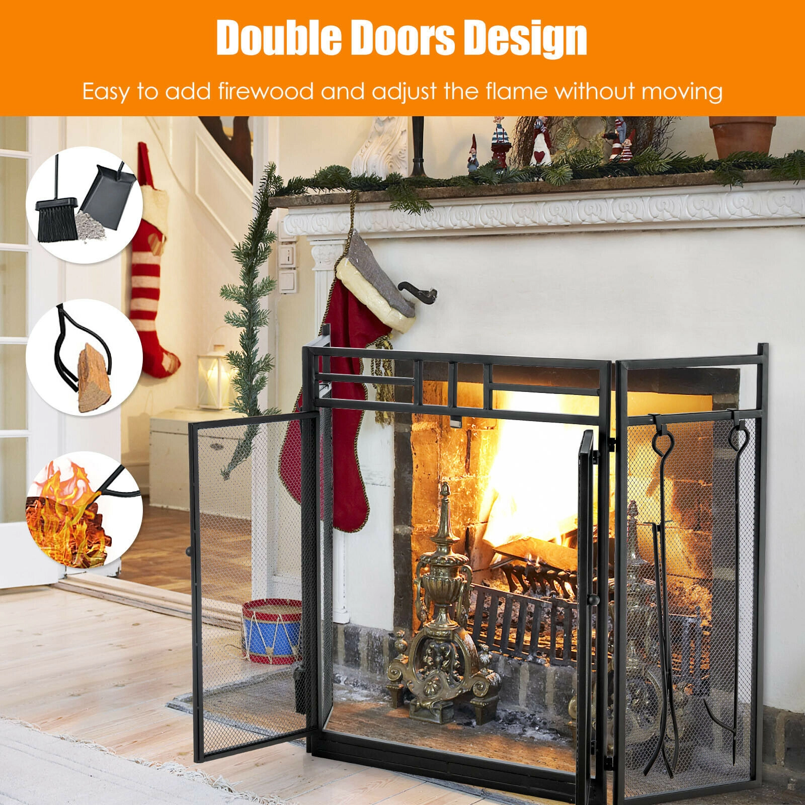 SUGIFT 48.5-in 3-Panel Folding Wrought Iron Fireplace Screen with 4-Piece Fire Tool Set in Black
