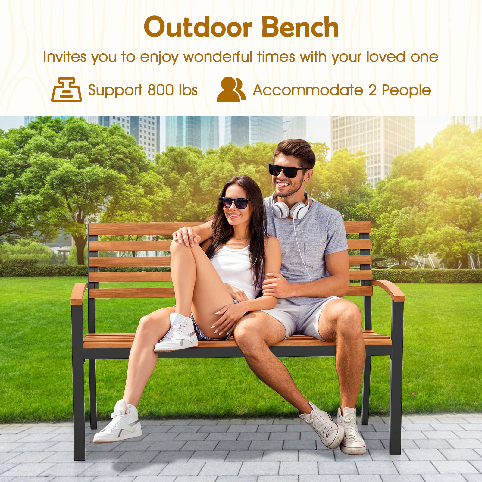 SUGIFT 47 in Outdoor Bench Acacia Wood Patio Loveseat with Backrest and Armrests