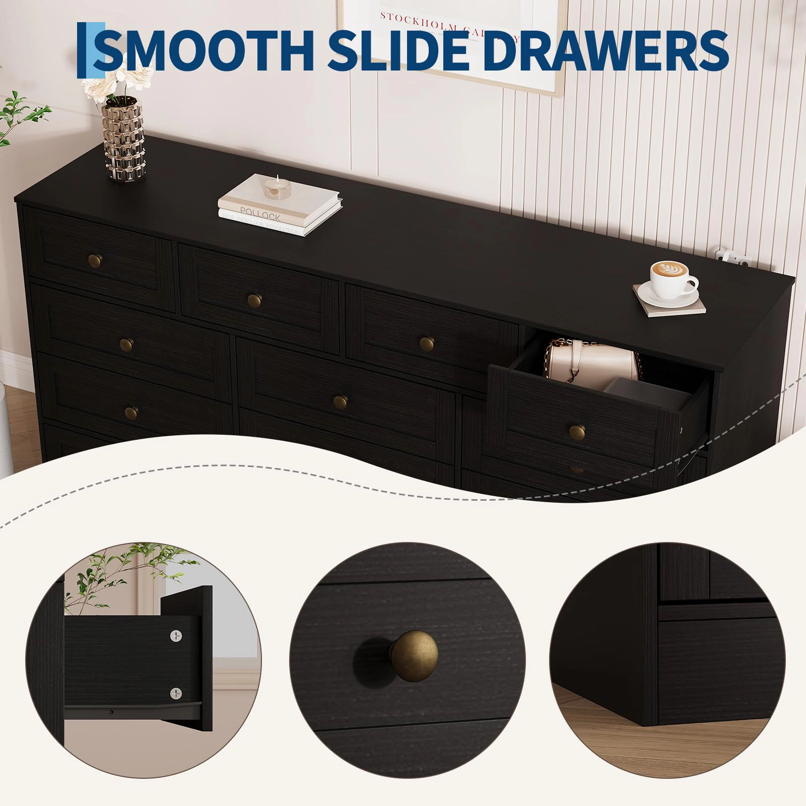 12 Drawer Wooden Dresser, Modern TV Stand for 65" TV, Storage Organizer Bedroom or Living Room
