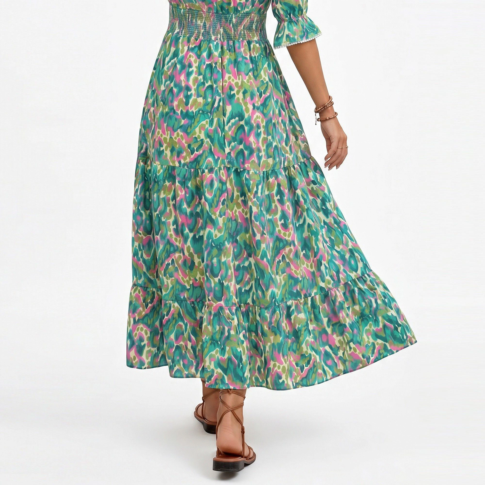 Anna-Kaci Women's Printed V-Neck Smocked Waist Tiered Skirt Midi Dress
