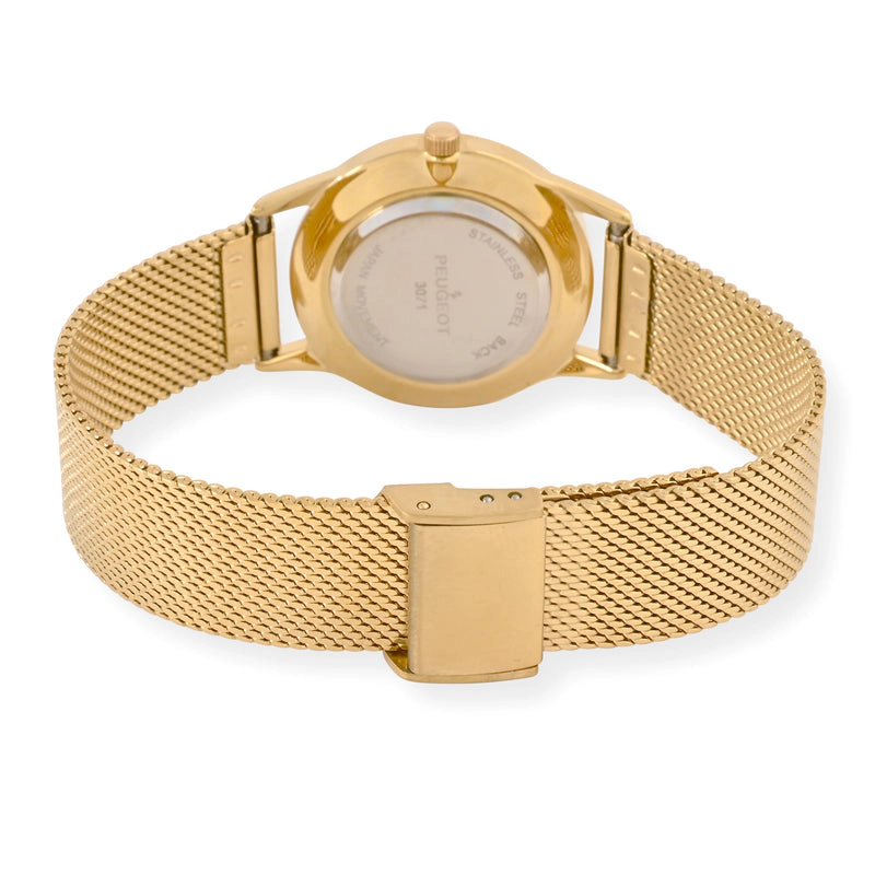 Peugeot Women's 30mm Wafer Slim Gold Plated Case Watch Champagne Dial with Mesh Band