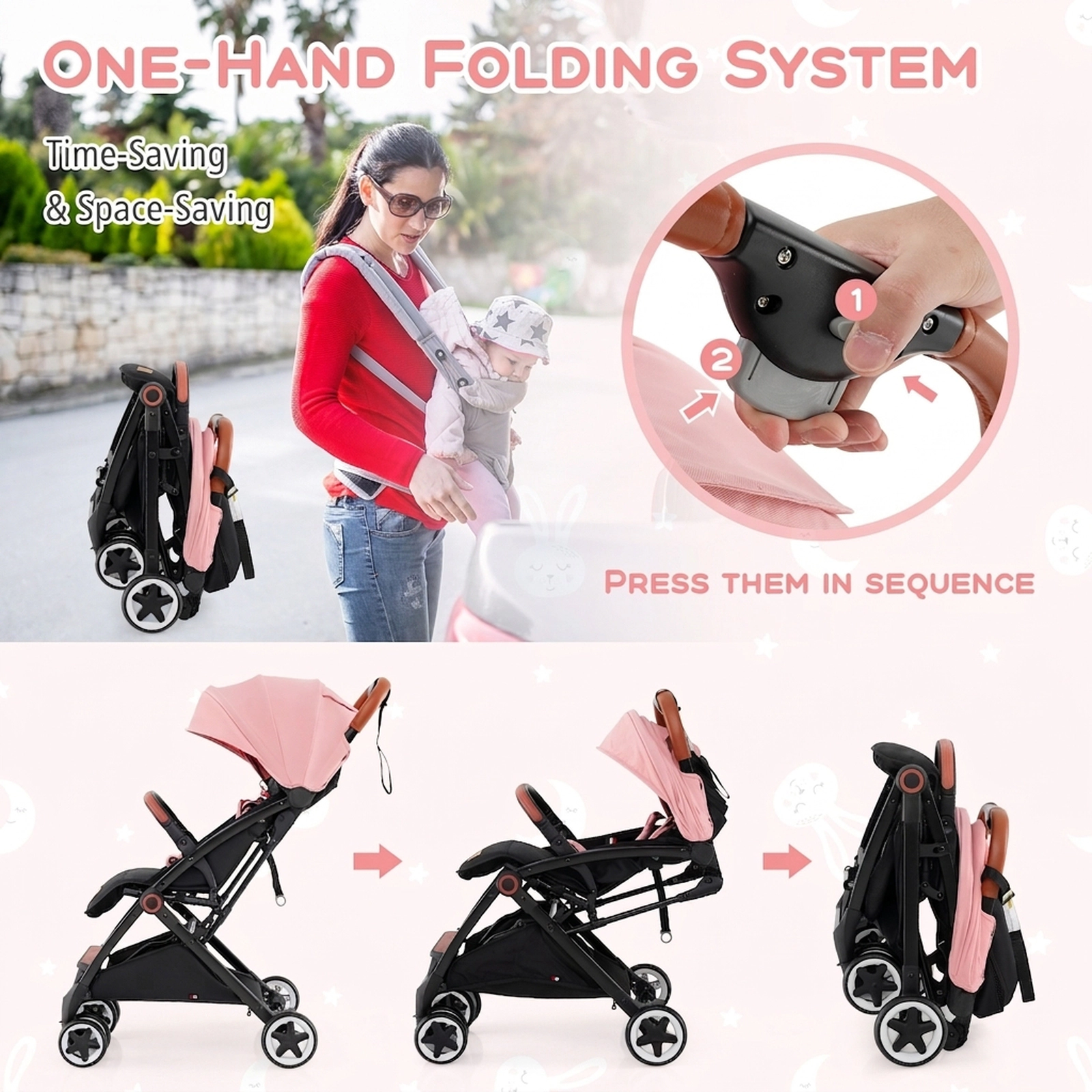 SUGIFT Pink 33-lb Capacity Lightweight Aluminum Baby Stroller with Padded Seat and Detachable Armrest