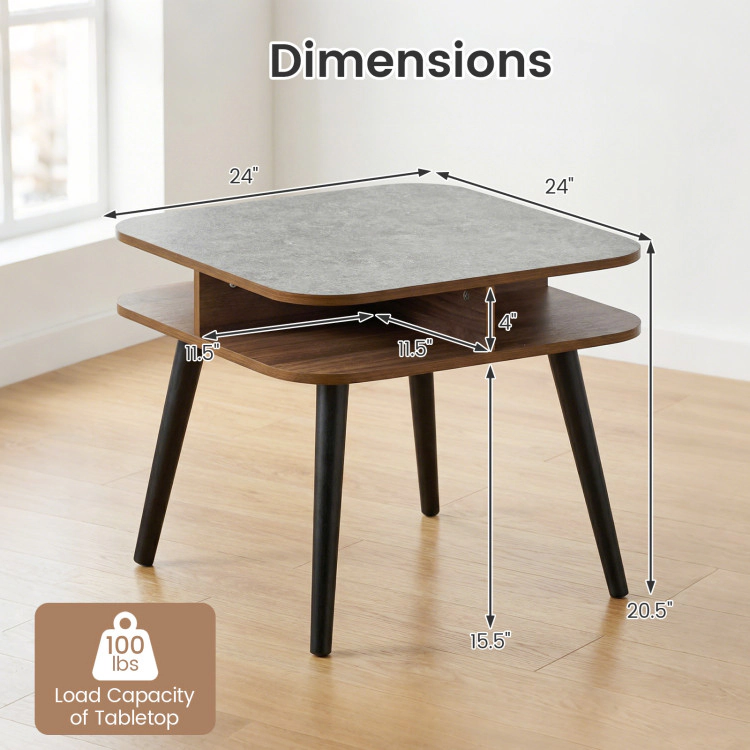 Hivvago Side Table Faux Marble End Table With Storage Shelves And Rubber Wood Legs