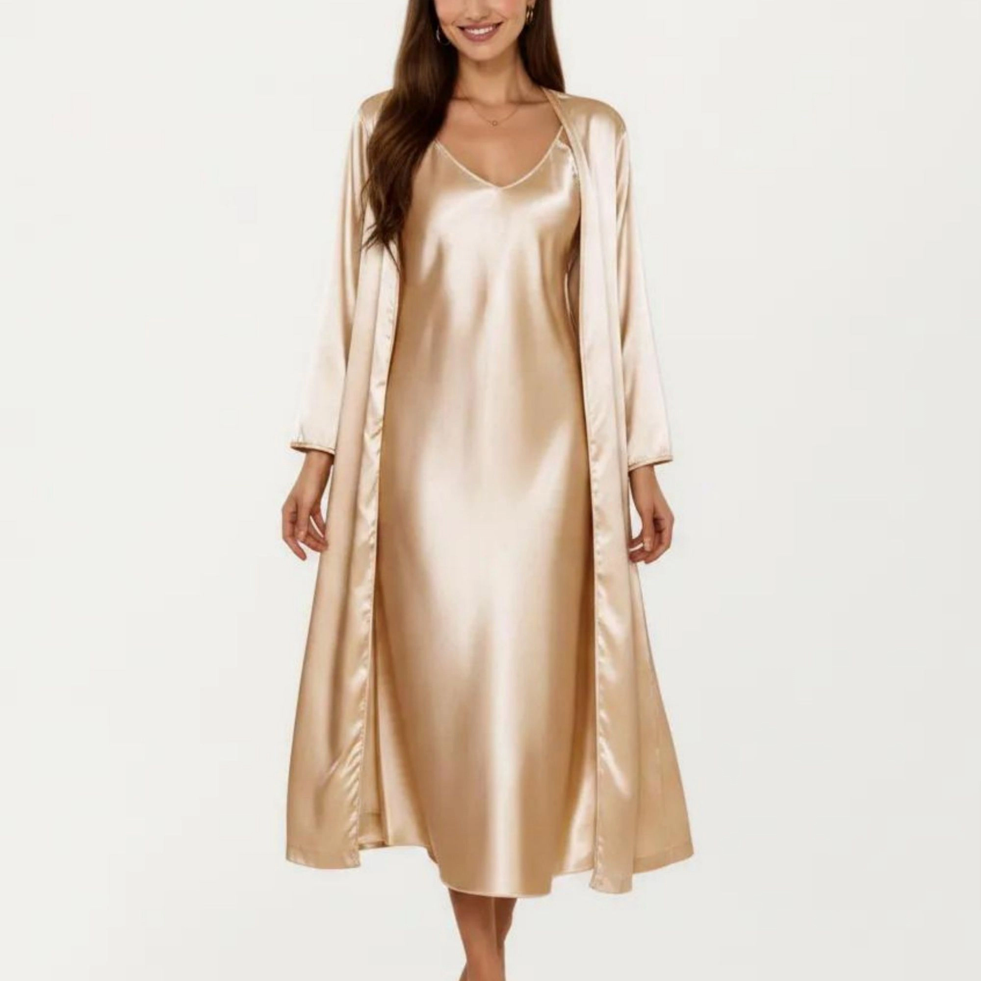 Anna-Kaci Women's 2-Piece Satin Sleepwear Slip Dress with Matching Long Sleeve Robe Lightweight Silky Pajama Set