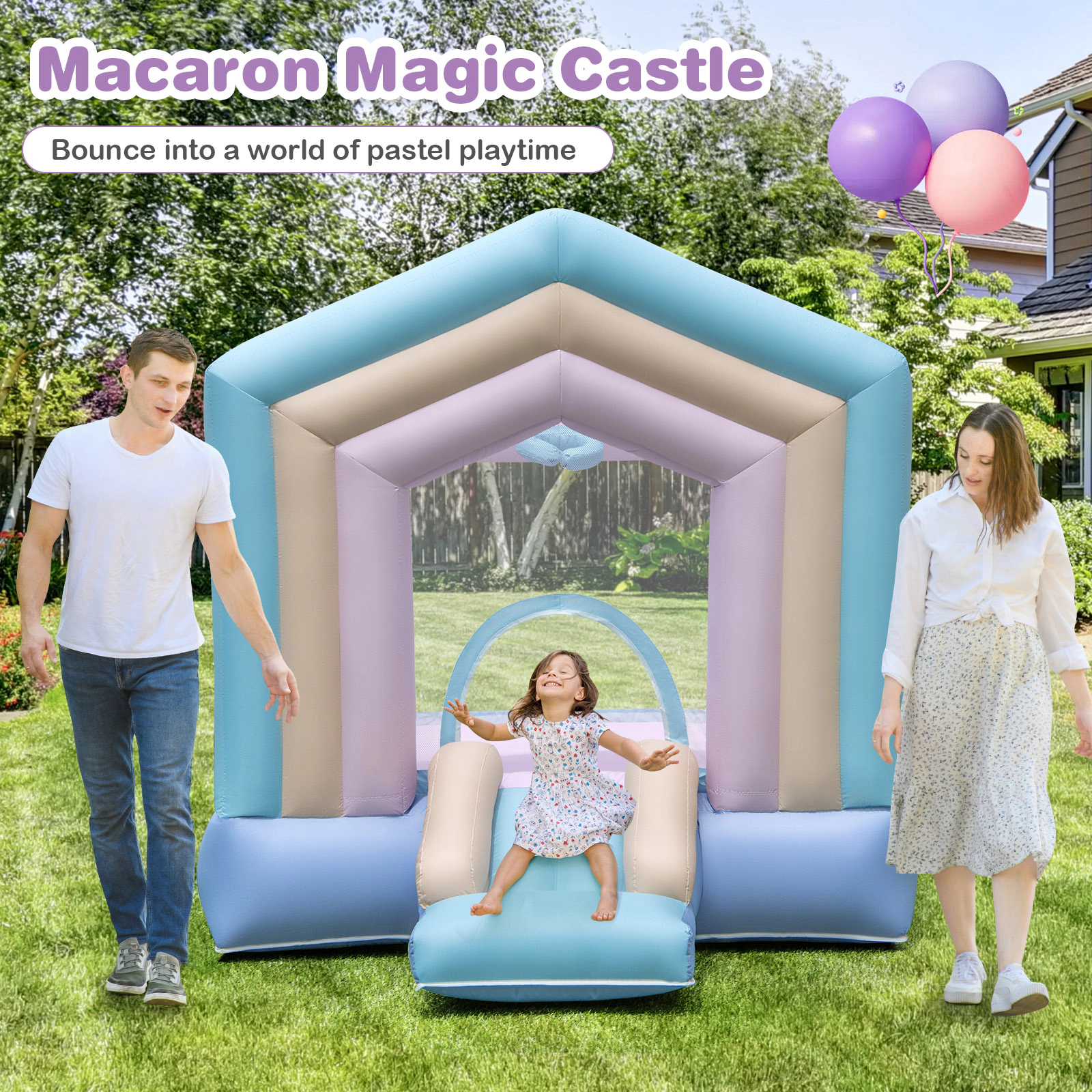 Kids Bounce House with Slide and Basketball Rim 480W Blower Bouncy Castle for Party 65-lb per Child 130-lb Total