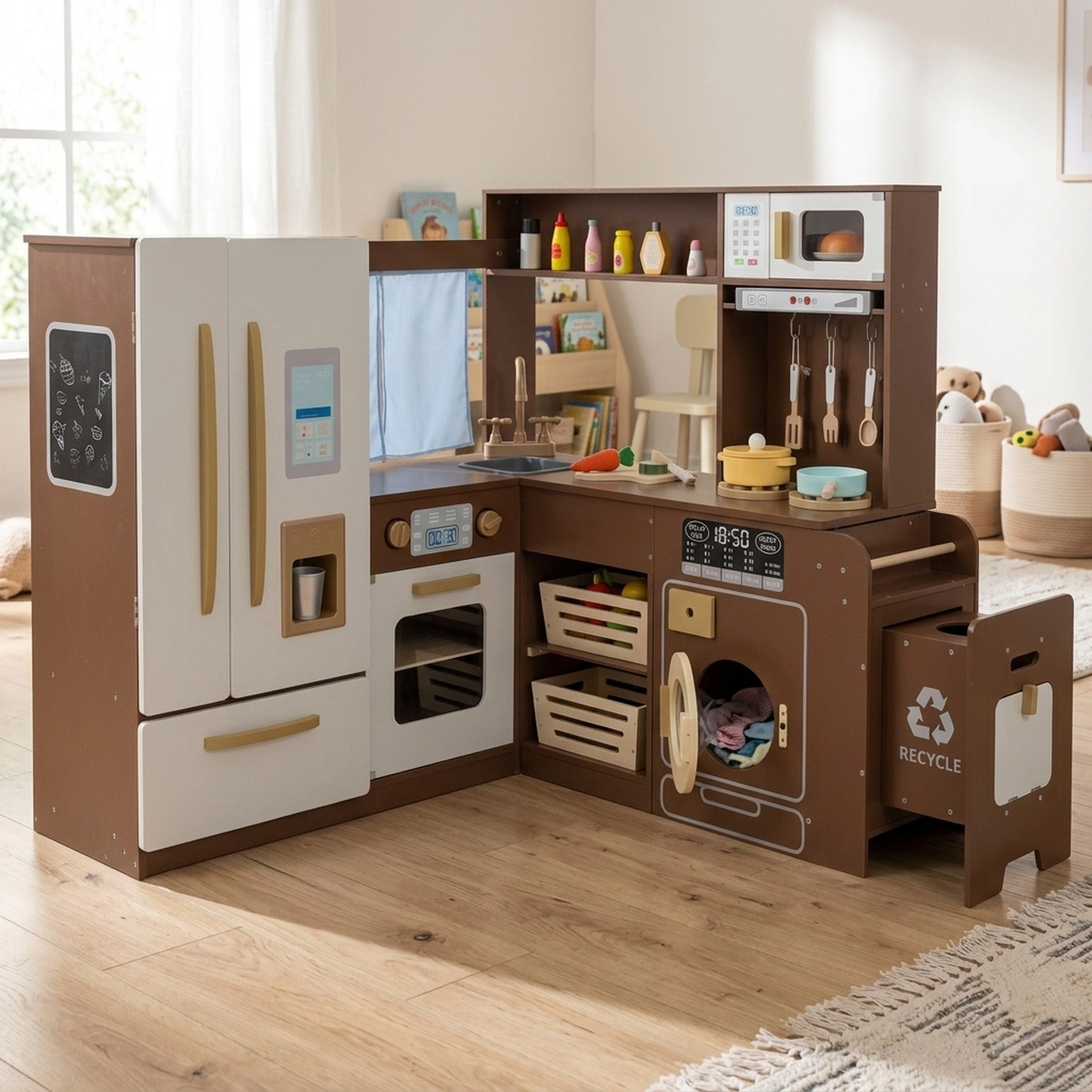 Corner Play Kitchen Double-Door Play Fridge Freezer Washing Machine 22-pc Accessories 40-in x 39.5-in x 37-in Brown