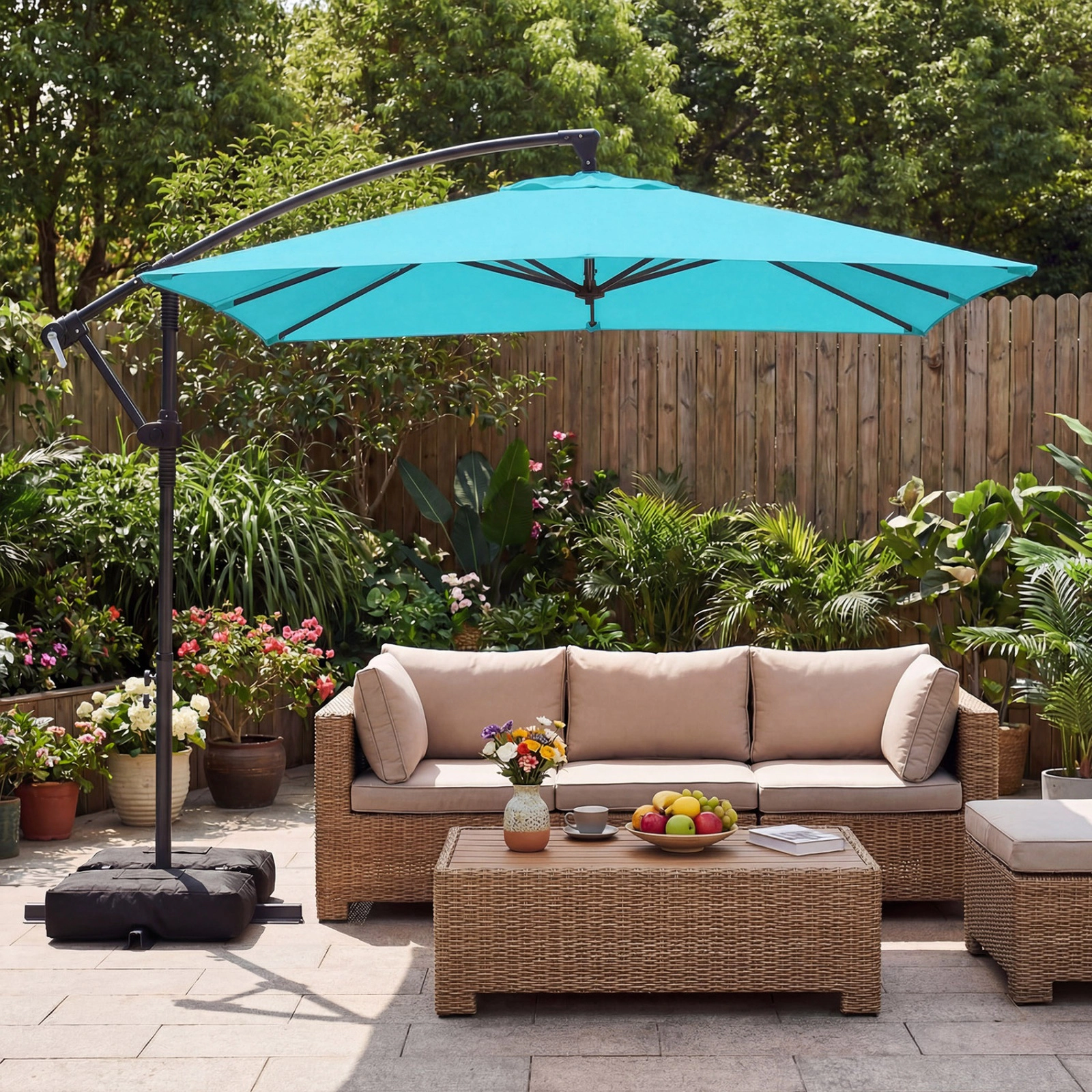 SUGIFT 8 x 8-ft Offset Cantilever Square Patio Umbrella 360° Rotation Double-Tier Canopy 116-lb Base Capacity Turquoise