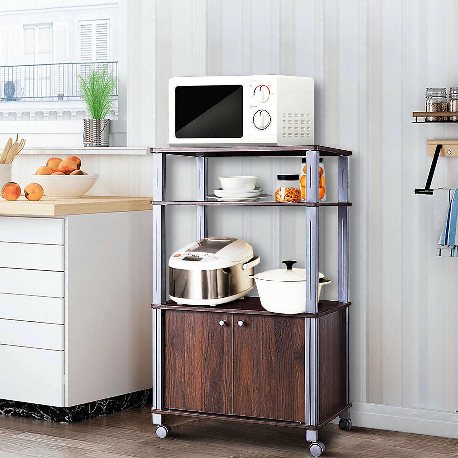 SUGIFT Walnut Rolling Kitchen Cart Microwave Rack Stand with 2-Door Cabinet 23.5-in W 15.5-in D 38.5-in H