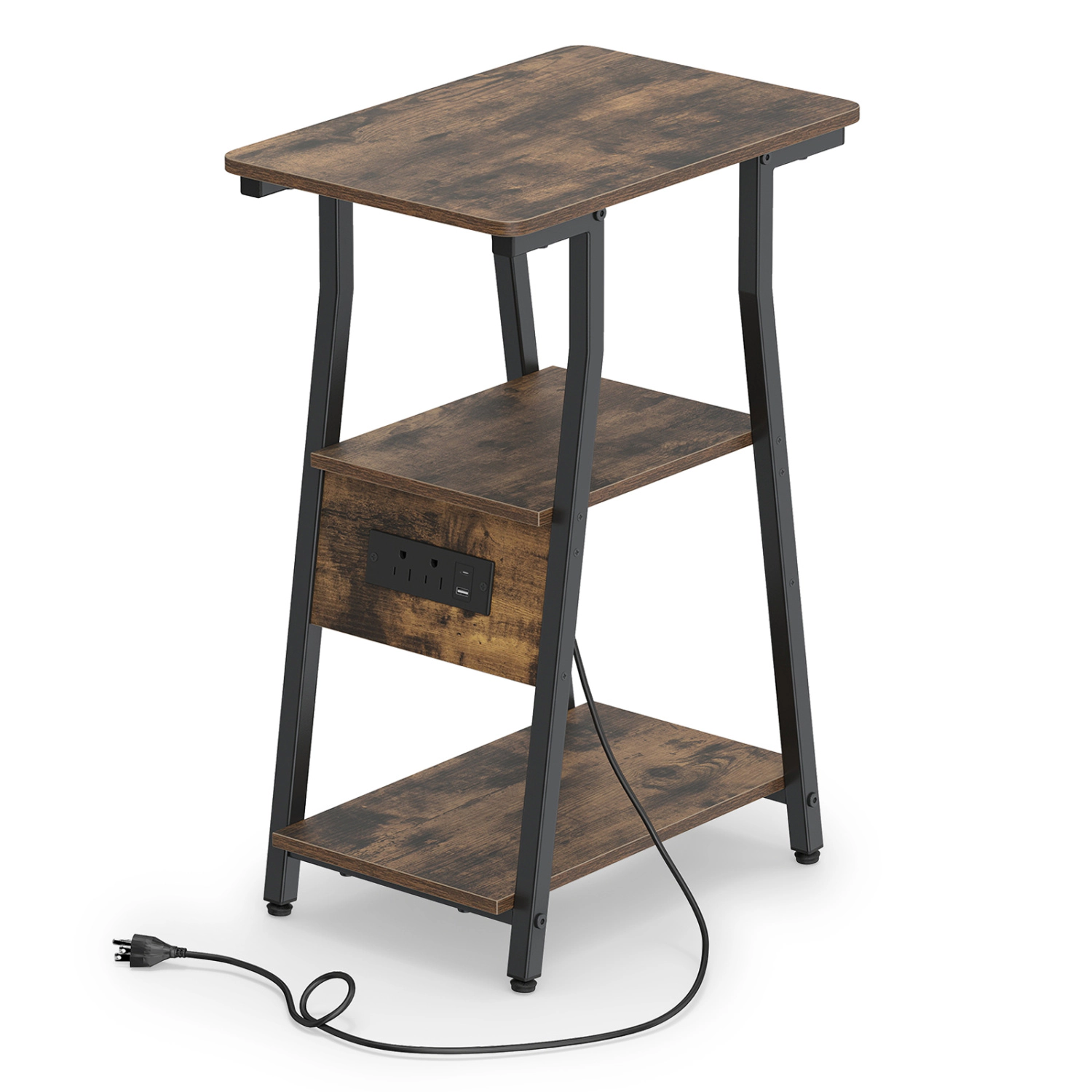 LJG Set of Industrial Side Tables with Charging Station & 3-Tier Shelves for Small Space