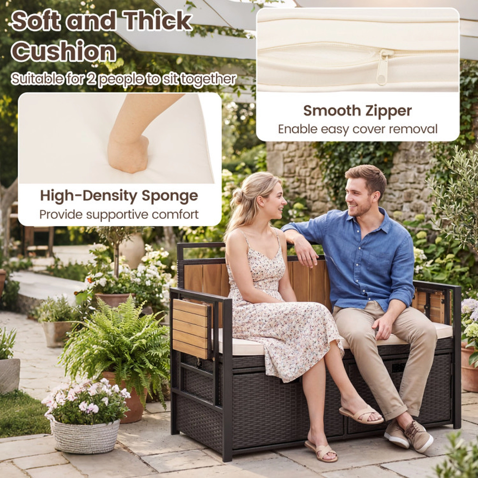 SUGIFT 2-Seater Outdoor Storage Bench, PE Rattan, Folding Side Tables, Cushion, 705-lb Capacity