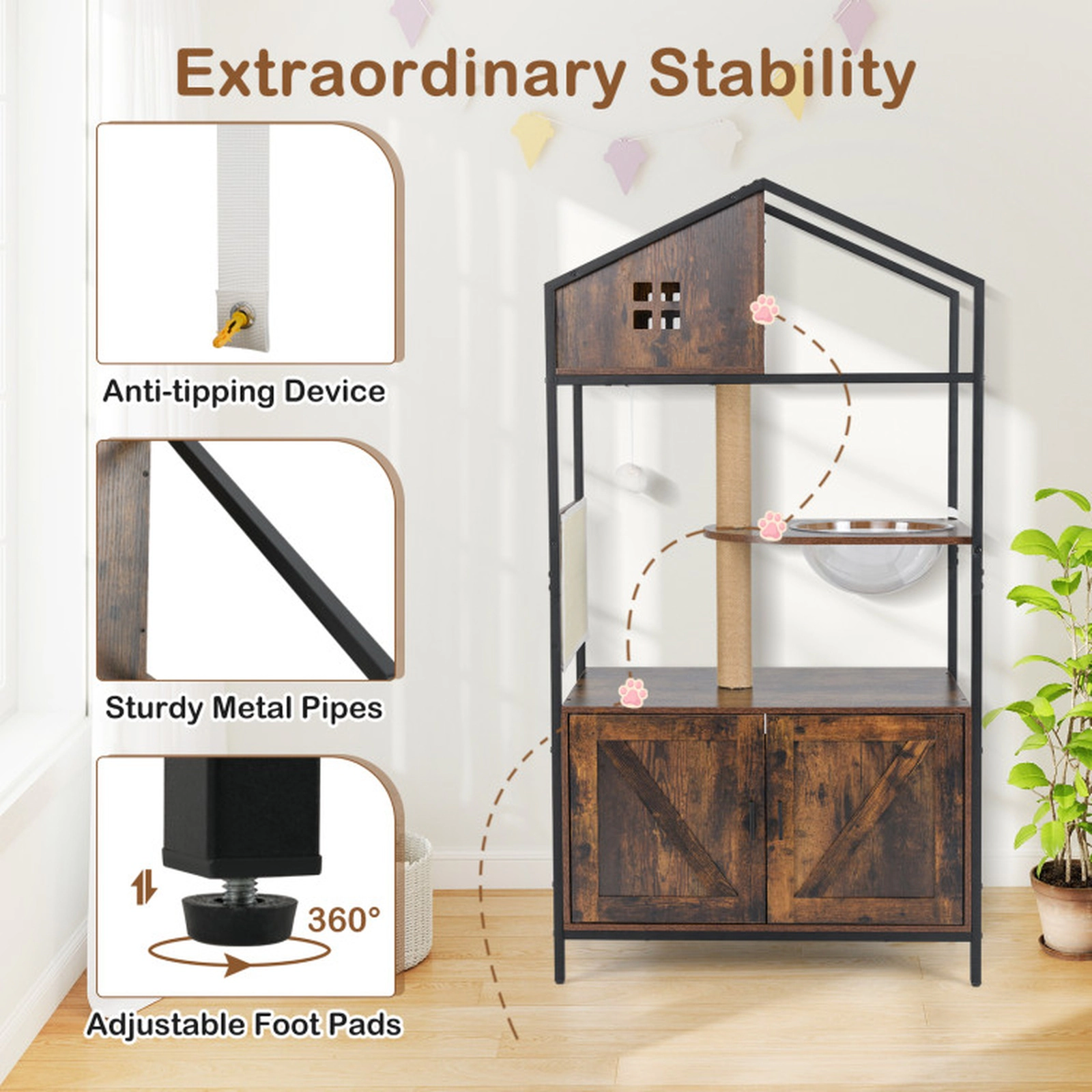 SUGIFT Rustic Brown Cat Tree with Litter Box Enclosure and Industrial Metal Frame