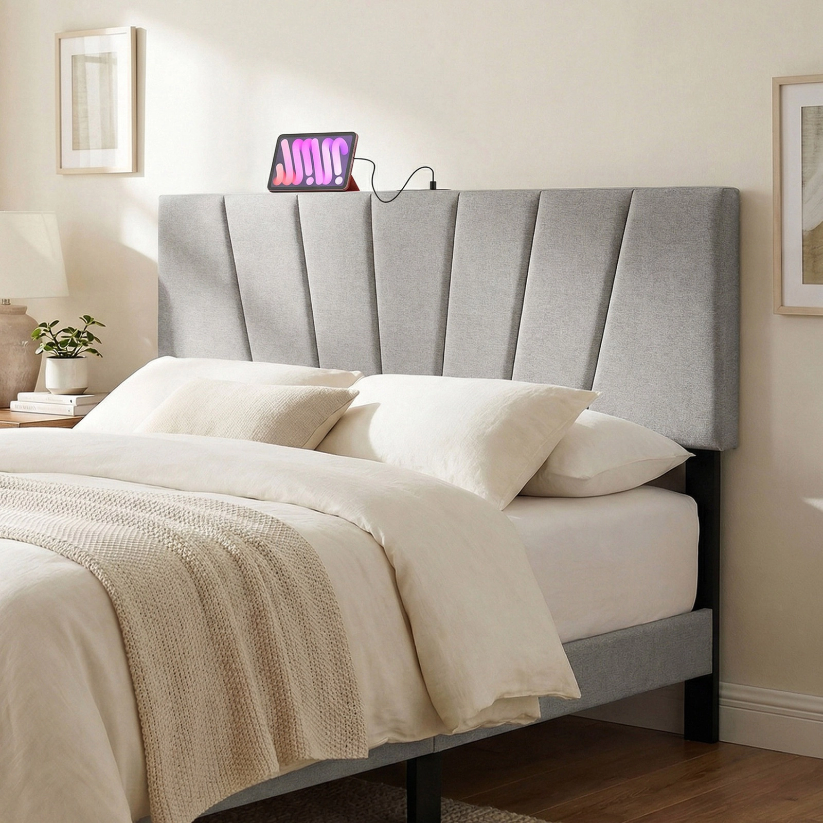 SUGIFT Geometric Upholstered Headboard Gray for Queen and Full Bed with USB Ports