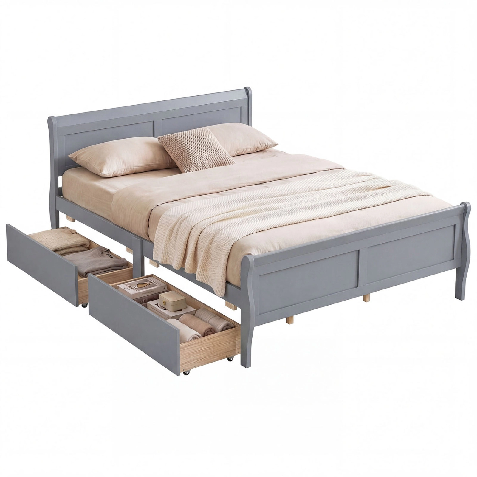 SUGIFT Queen Size Bed Frame with Modern Headboard Footboard and 2 Storage Drawers 350-Lb Capacity Gray