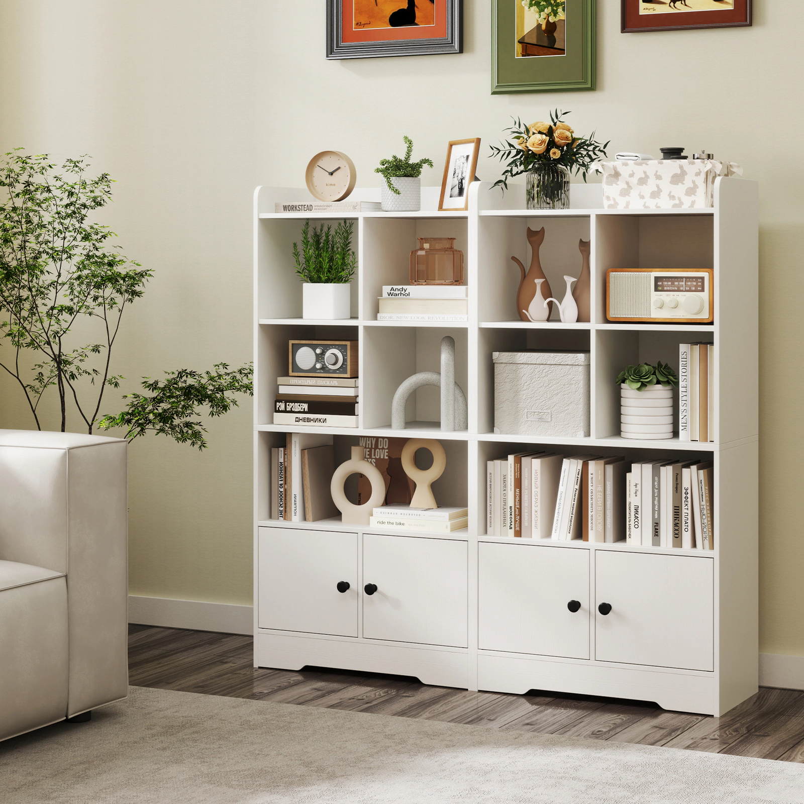 LJG 4 Tiers Bookshelf with Cubes Display Shelf and 2 Doors