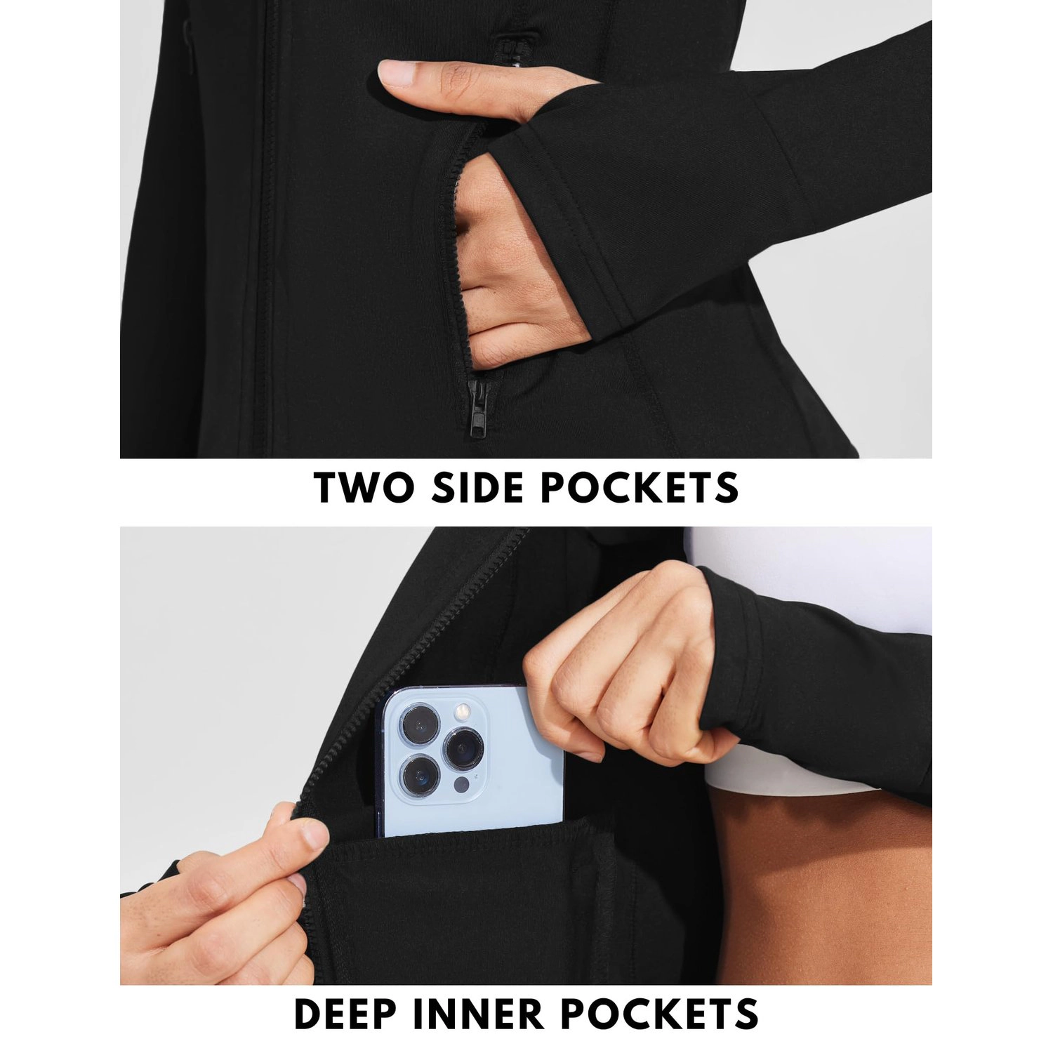 Pinspark Womens Solid Full Zip Track Jacket Long Sleeve Thumbhole Cuffs Slim Fit Coat