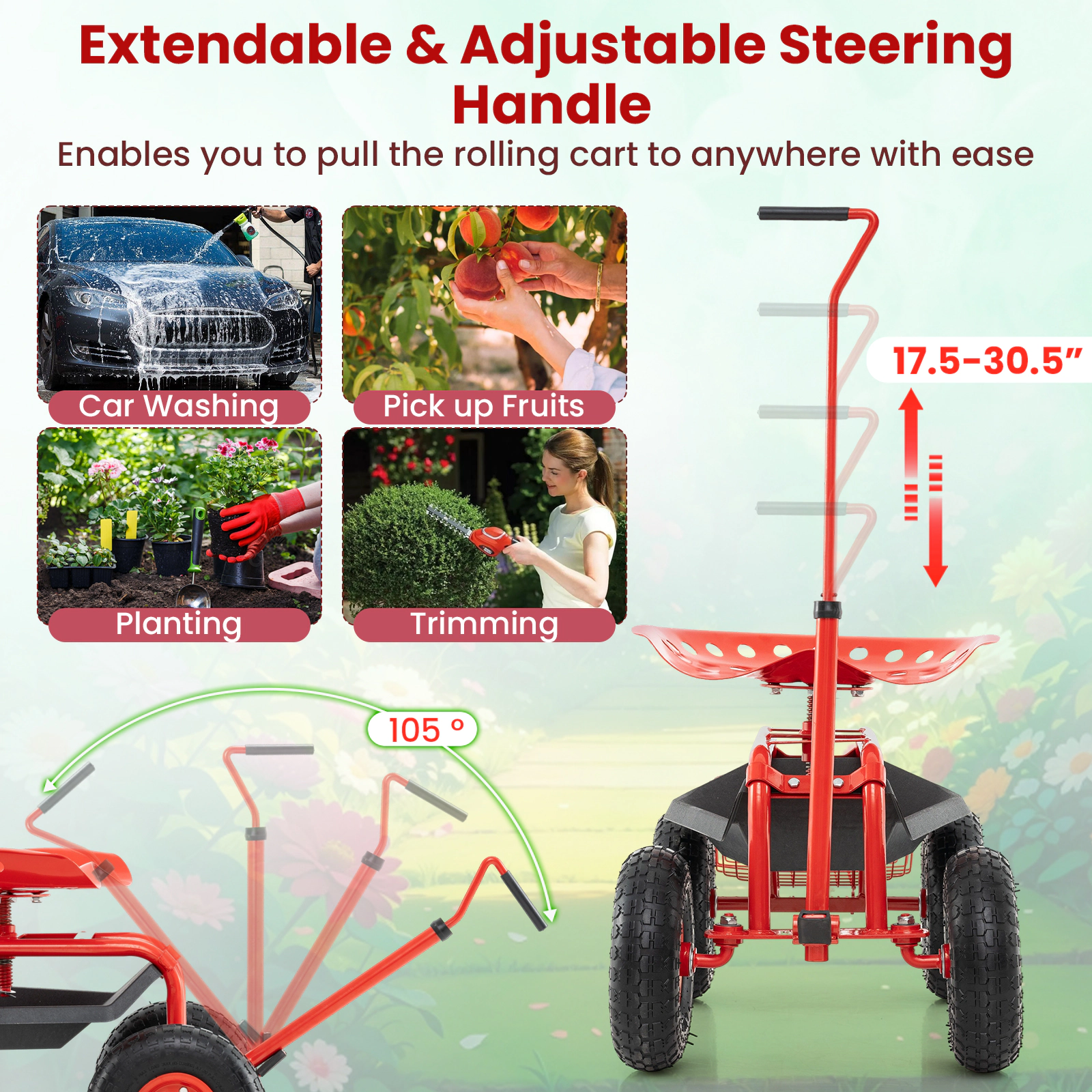 SUGIFT Extendable Handle Garden Cart Rolling Wagon Scooter with 10-in Wheels 330-lb Capacity Steel Frame Red