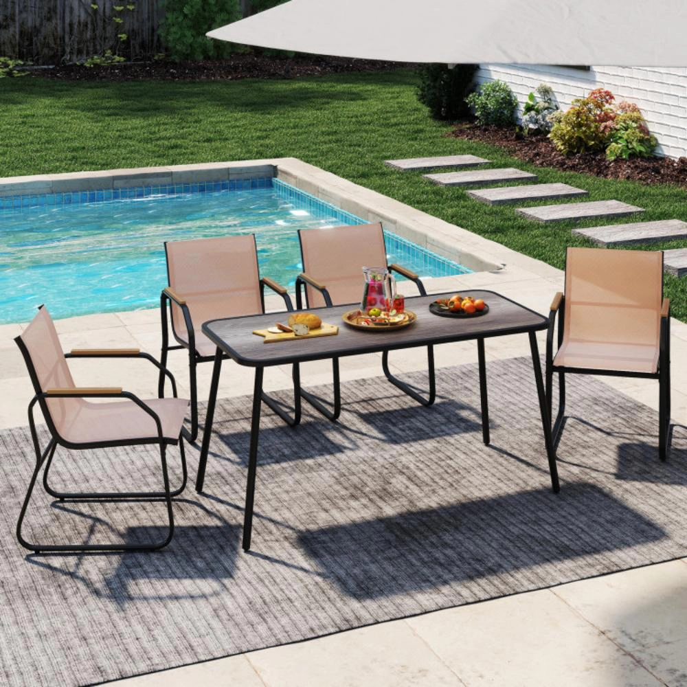 Hivvago 5 Pieces Patio Dining Set With Rectangular Table And Fabric Chairs-Brown