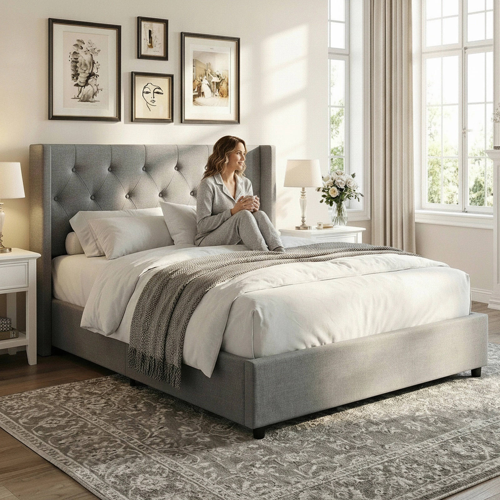 SUGIFT Queen Lift-Up Storage Bed, Gray Linen Upholstered Platform with Tufted Wingback Headboard