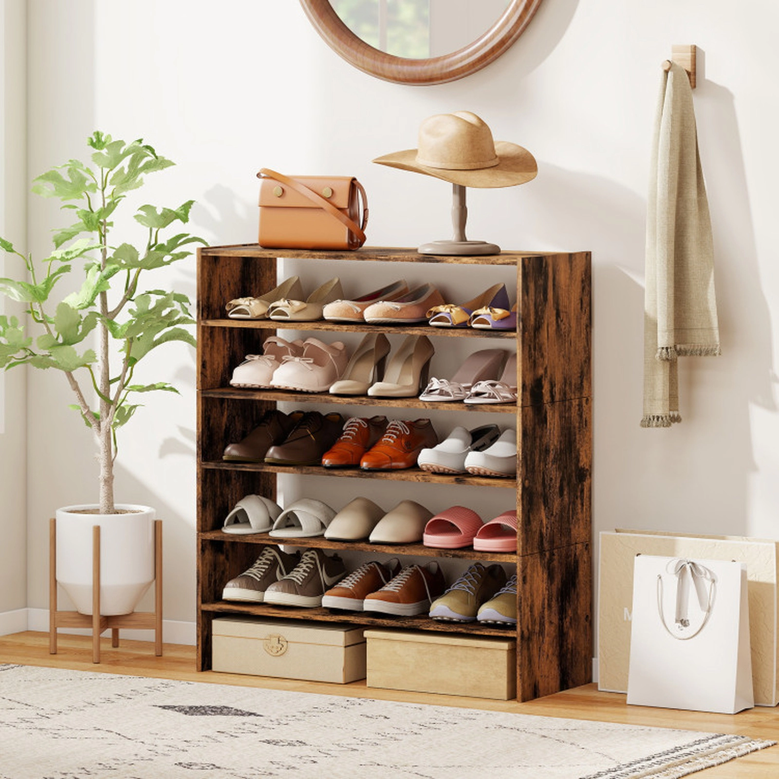 SUGIFT Rustic Brown Anti-Tipping Device 31 Inch Entryway Shoe Organizer 6-Tier Shoe Rack