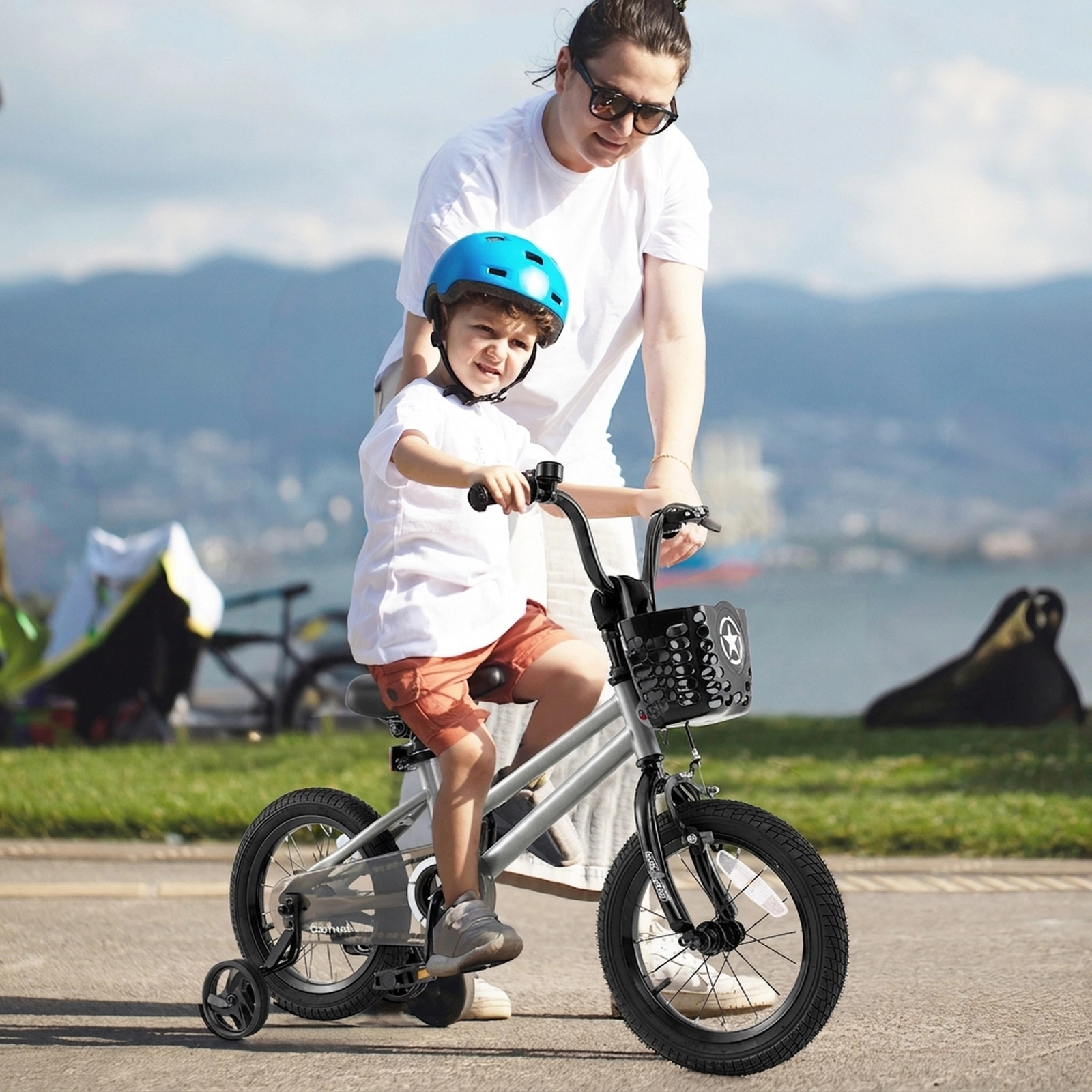14-in Kids Bike with Transparent Chain Cover Removable Training Wheels Adjustable Seat and Dual Brakes Ages 4-5 Silver