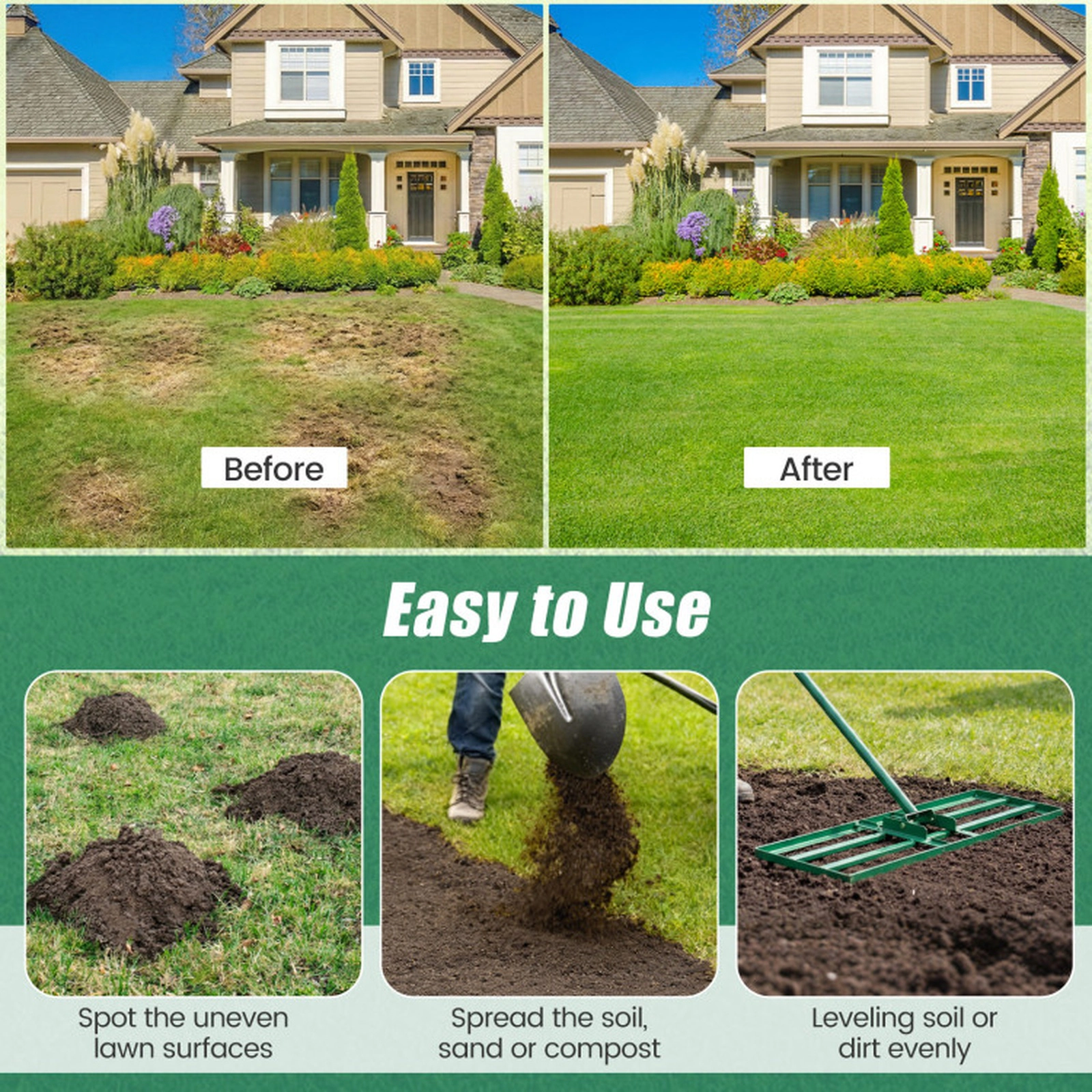 SUGIFT Heavy Duty Lawn Level Tool Leveling Rake with 69-in Handle Green Black Silver