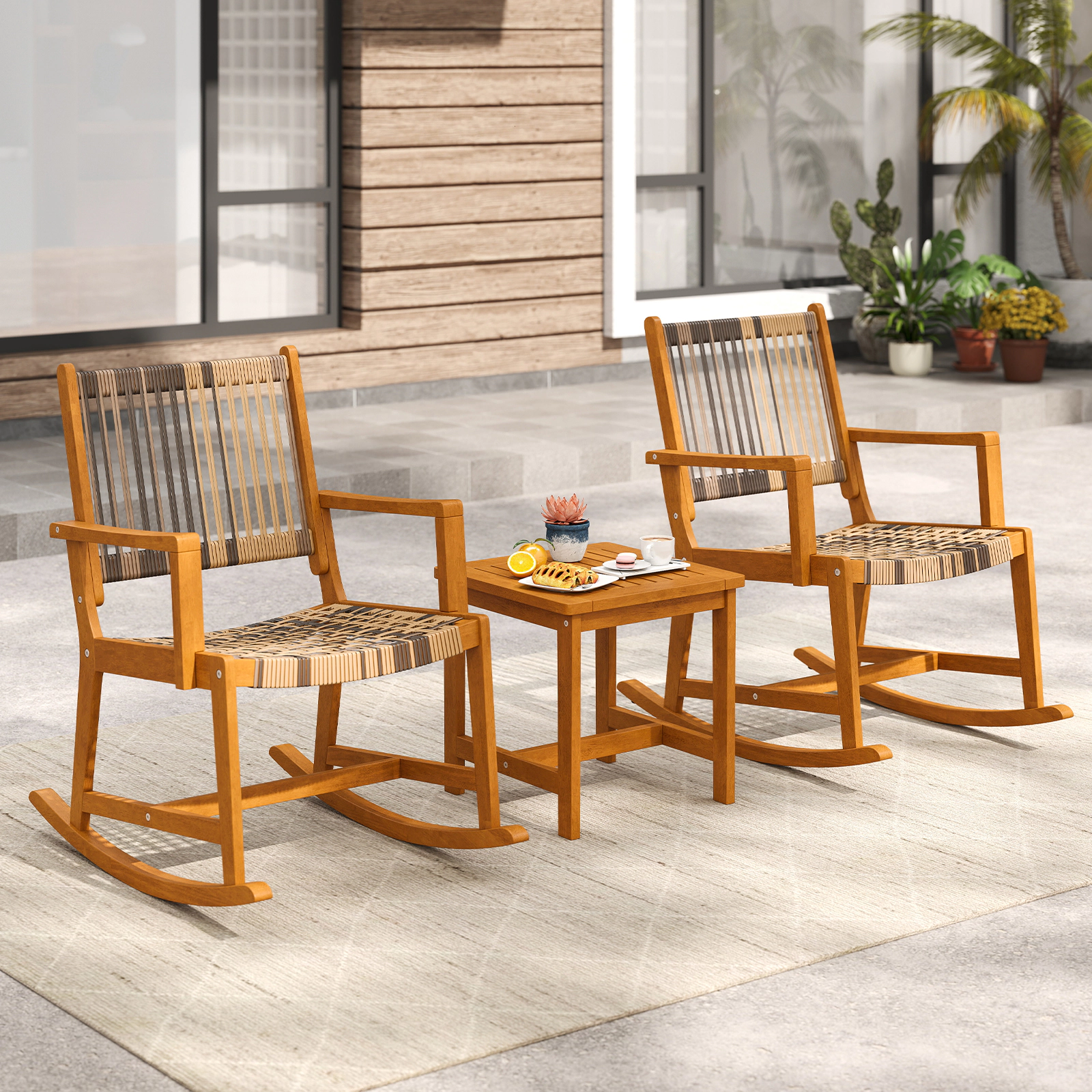LJG 3 Piece Patio Rocking Set Acacia Wood Rocker Bistro Set with Rattan Seat and Back