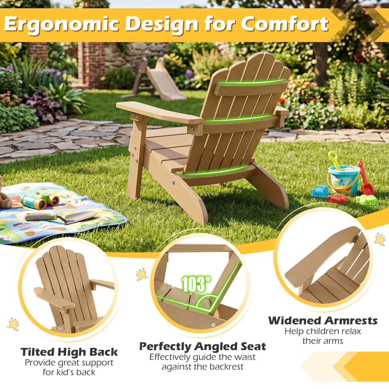 SUGIFT All-Weather HIPS Kids Adirondack Outdoor Chair with Tilted High Backrest 165-lb Capacity Ages 3-7 Brown