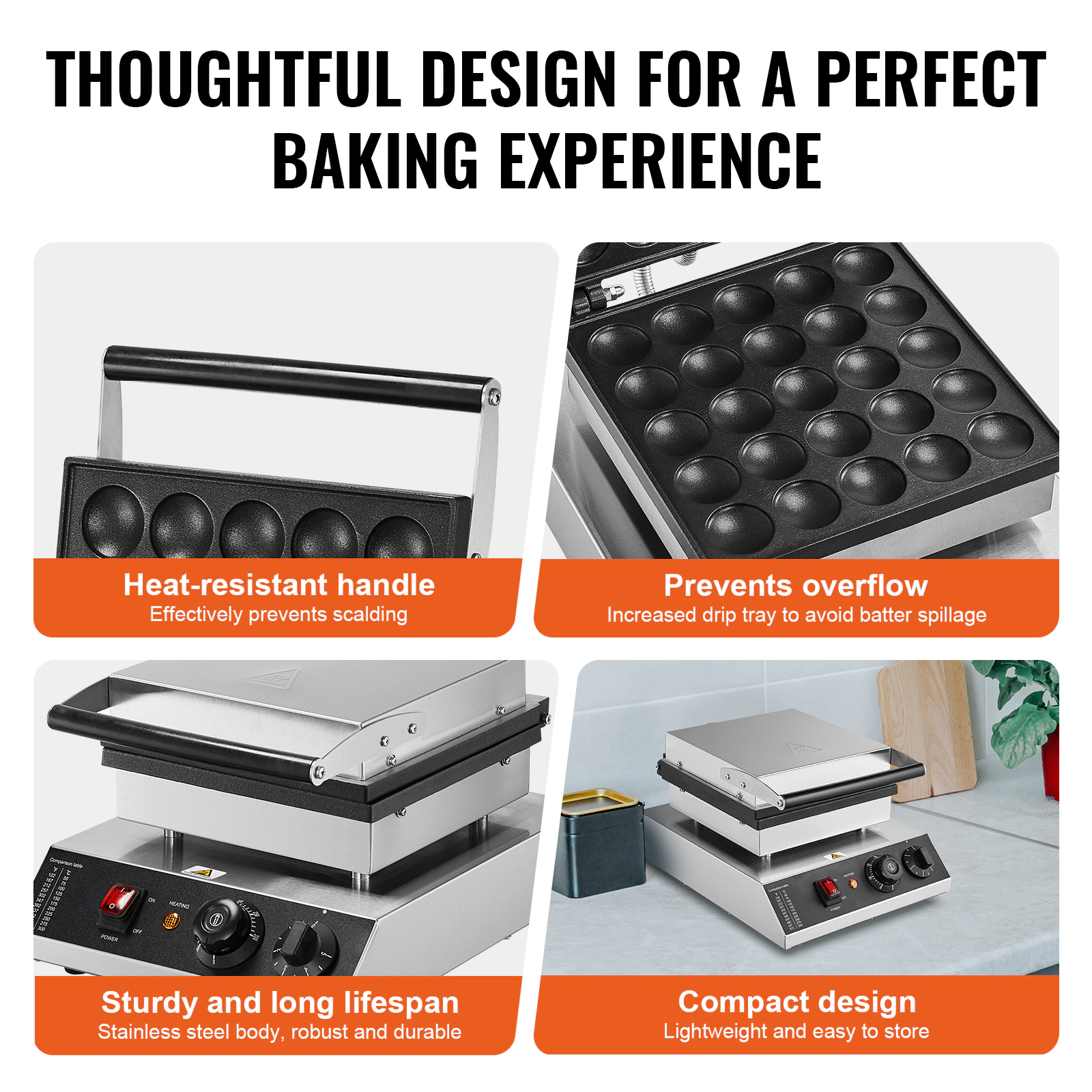 HONGGE Mini Dutch Pancake Maker 43mm Diameter Dorayaki Baker Machine 1700W Commercial Electric Poffertjes Grill