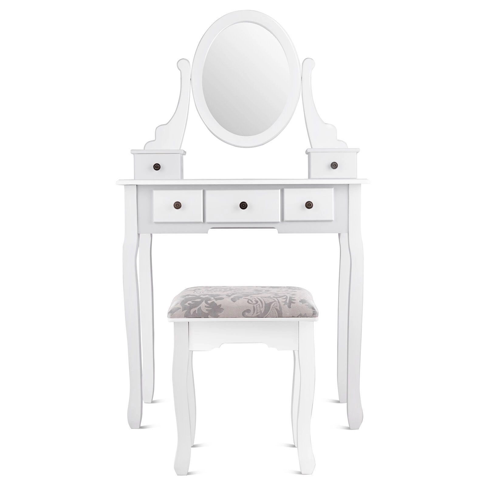 SlickBlue White Makeup Vanity Set with Mirror, 5 Drawers & Stool