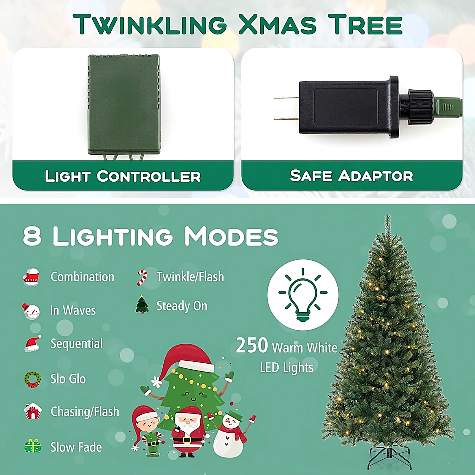 SUGIFT 7-Ft Pre-Lit Artificial Christmas Tree, 250 Warm White LED Lights, 8 Modes