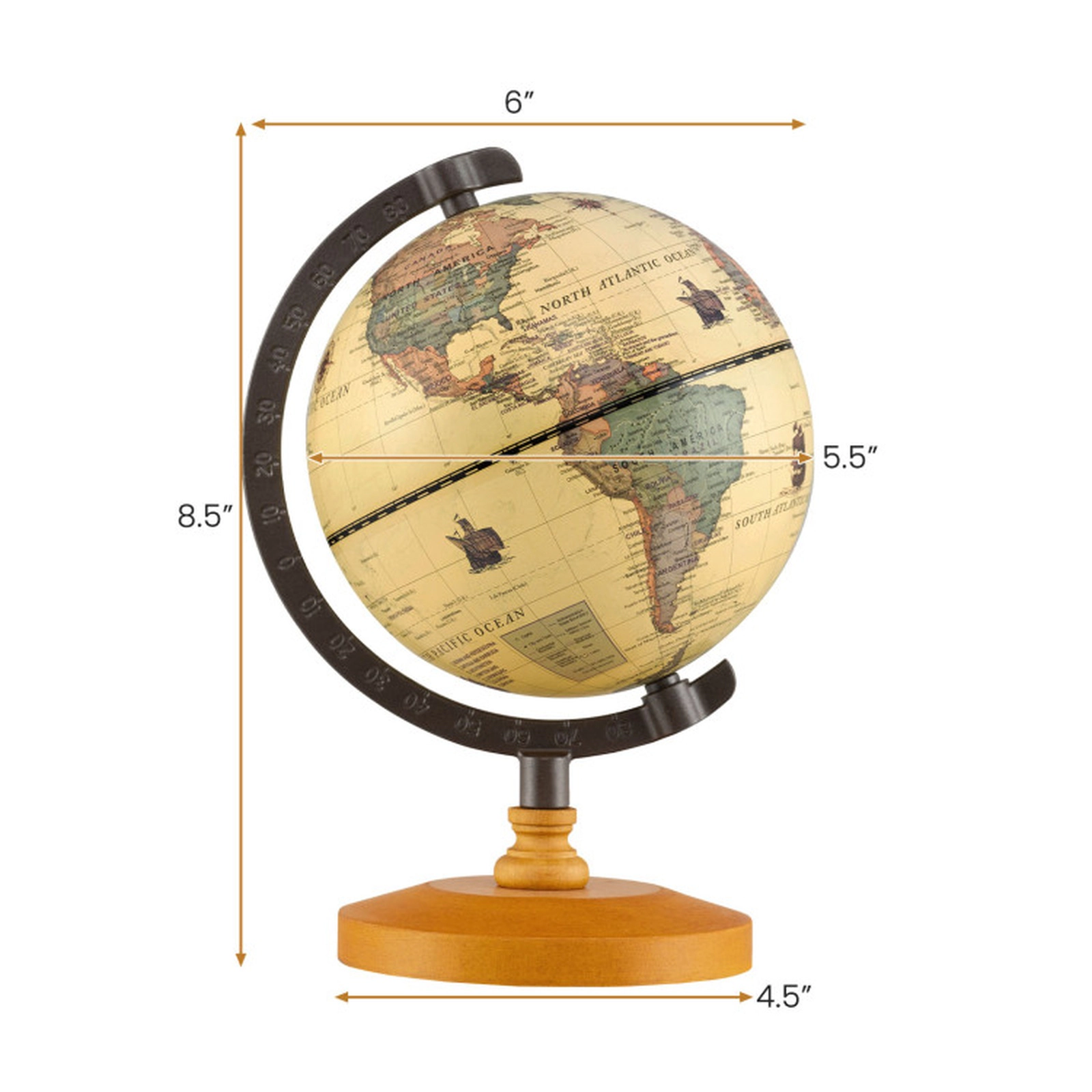 SUGIFT Antique Mini Rotating World Globe Interactive Desktop Toy 5.5-in Diameter Bronze with Wooden Base