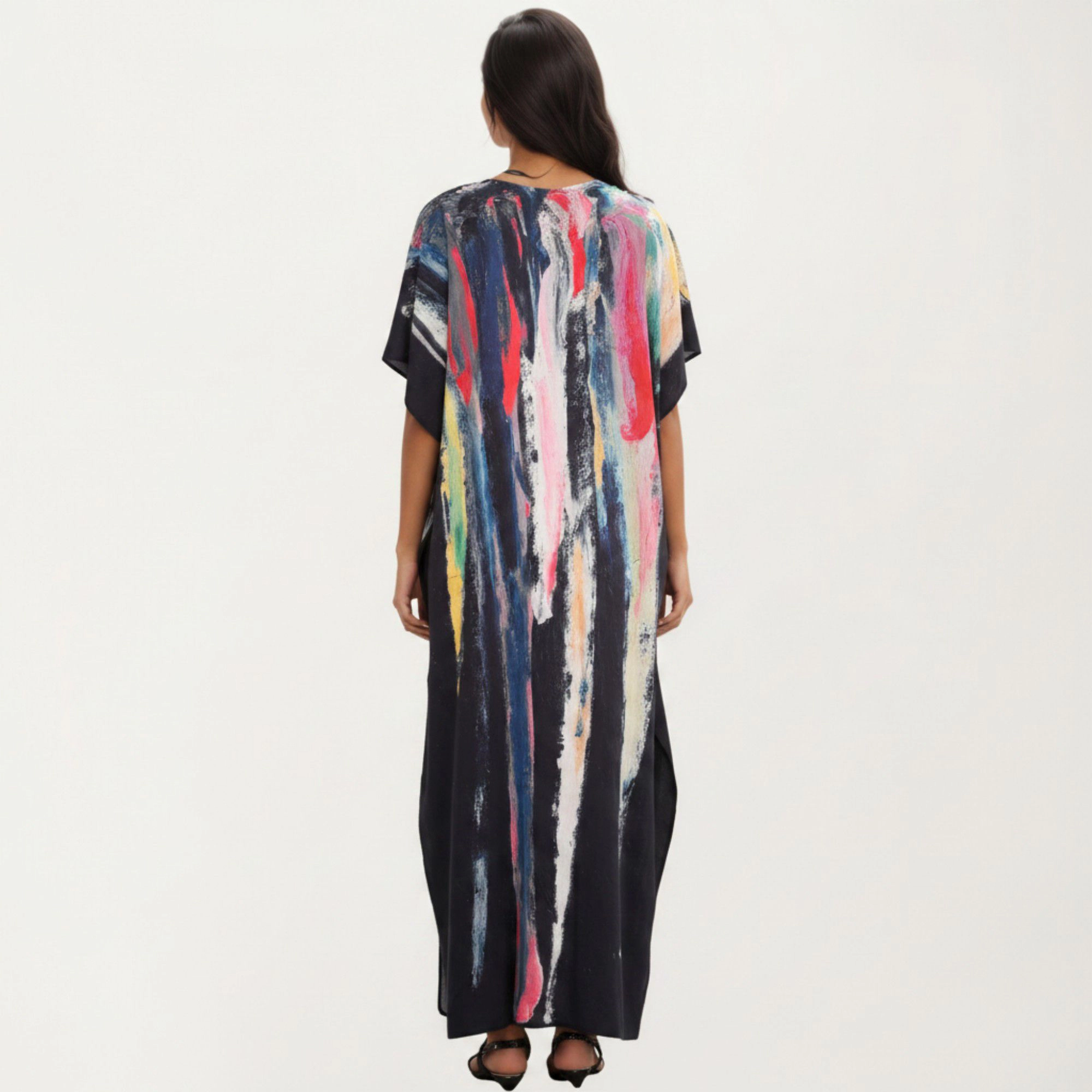 Anna-Kaci Women's Abstract Print Maxi Caftan Dress with V-Neckline Short Sleeves and Relaxed Draped Silhouette