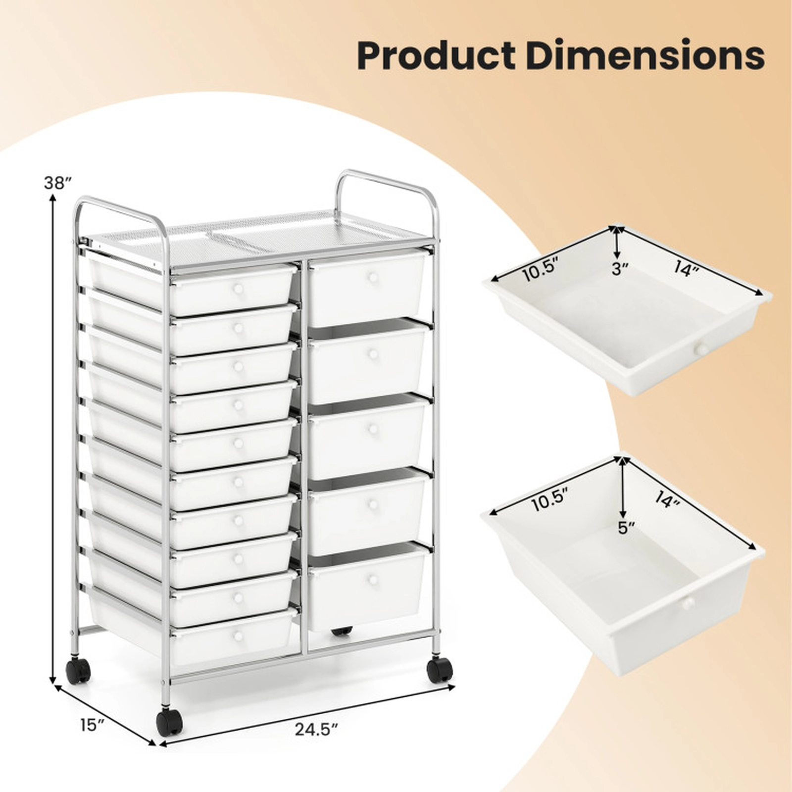 SUGIFT White 88-lb Capacity 15-Drawer Rolling Storage Trolley Cart with Chrome Plated Metal Frame